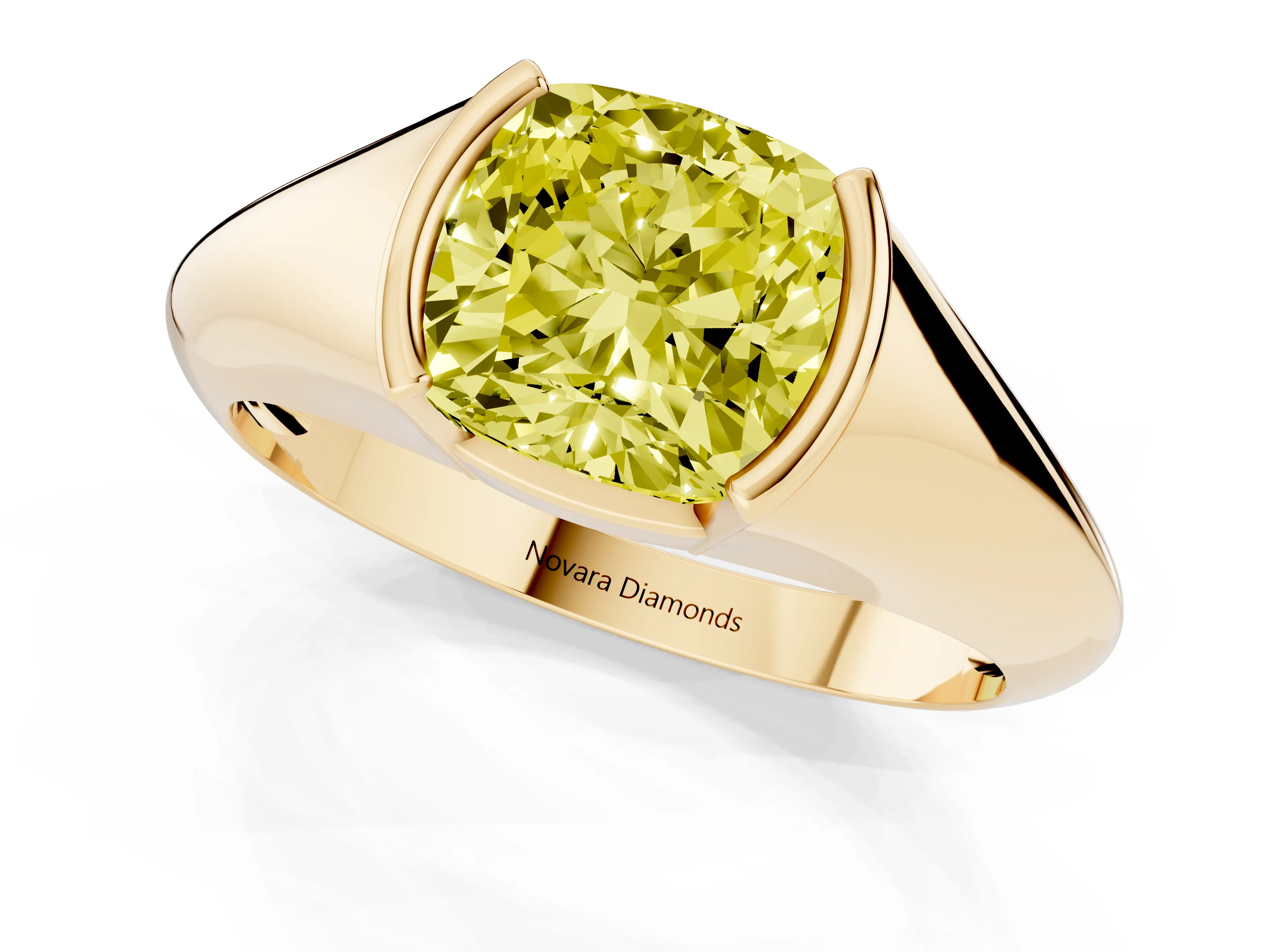 Fancy Yellow Cushion Cut Diamond Solitaire Tension Set Ring Set in Yellow gold