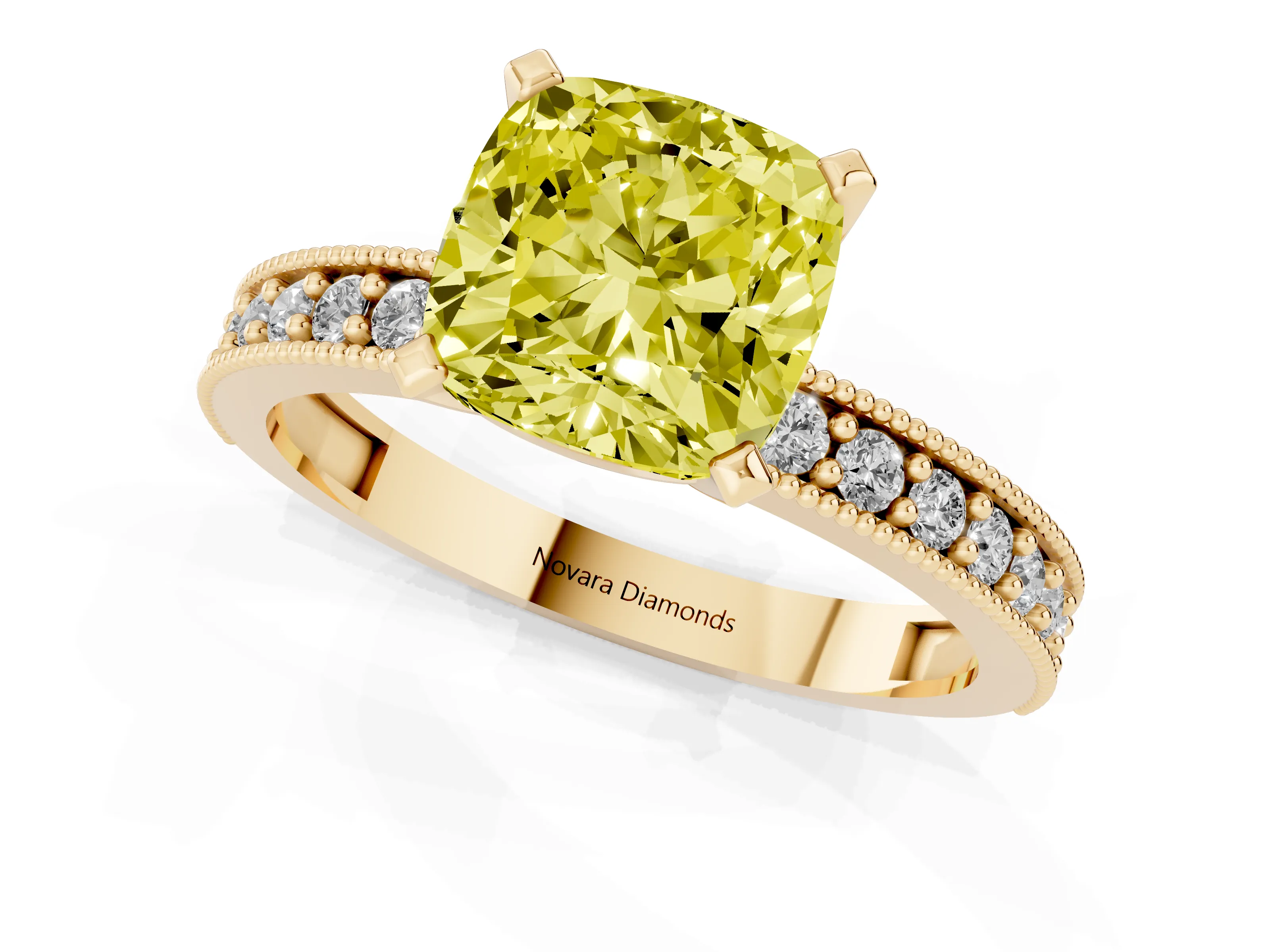 Fancy Yellow Cushion Cut Diamond Milgrain Pavé Engagement Ring Set in Yellow gold with Prong Setting