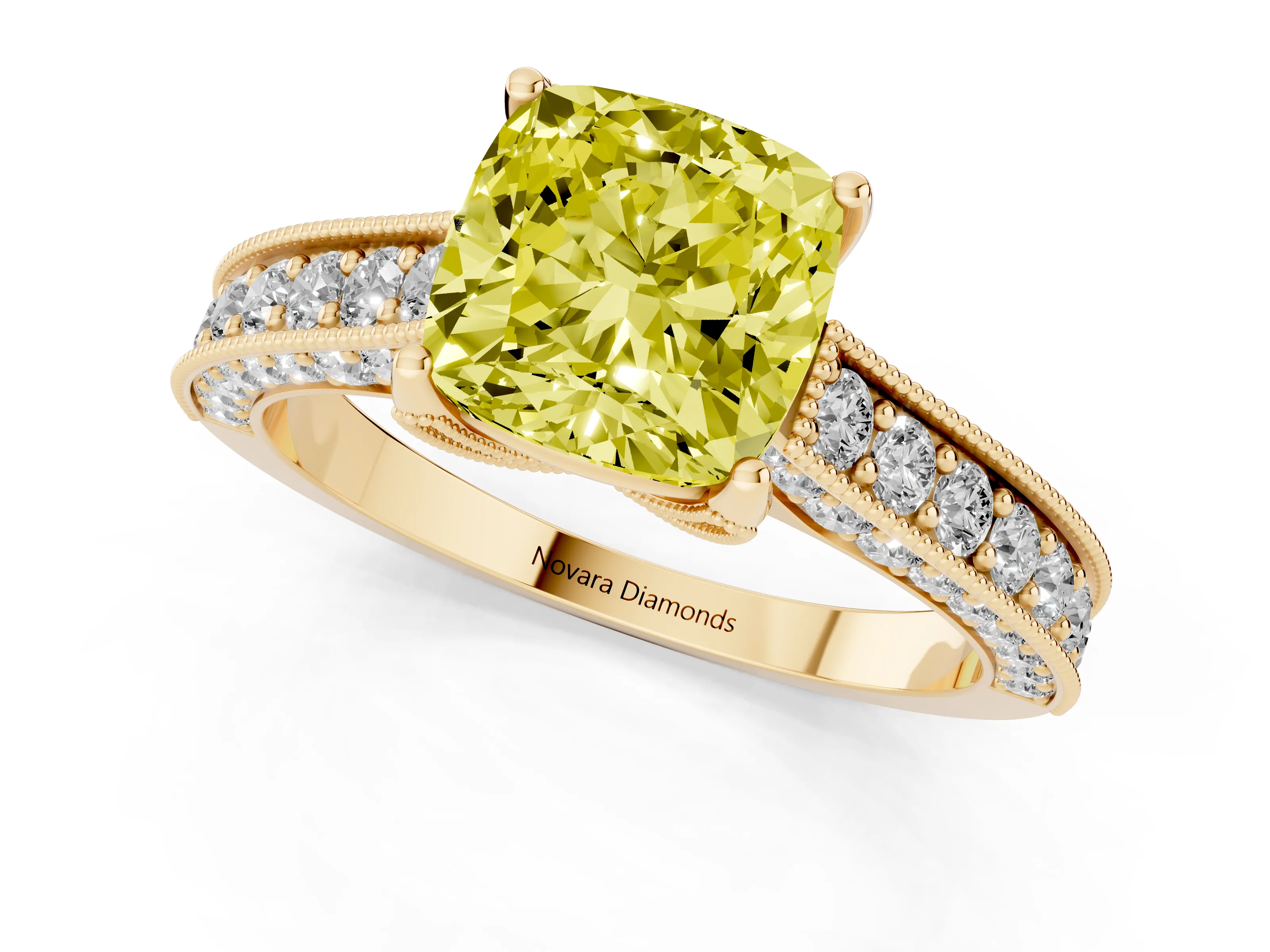 Fancy Yellow Cushion Cut Diamond Solitaire Ring Set in Yellow gold with Milgrain-Edged Pavé Band and Prong Setting