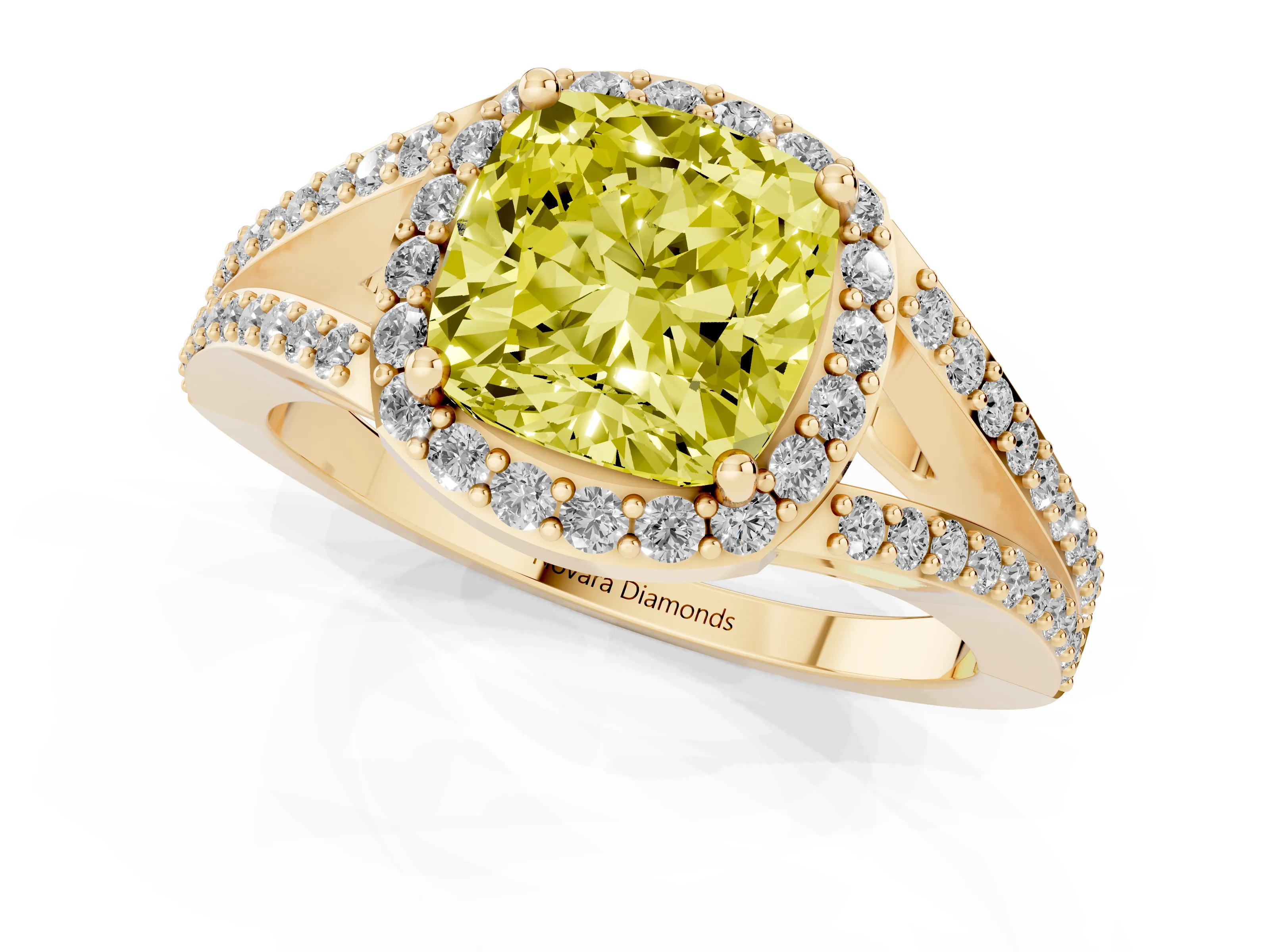 Fancy Yellow Cushion Cut Diamond Halo Split Shank Ring Set in Yellow gold with Accent Stones and Prong Setting