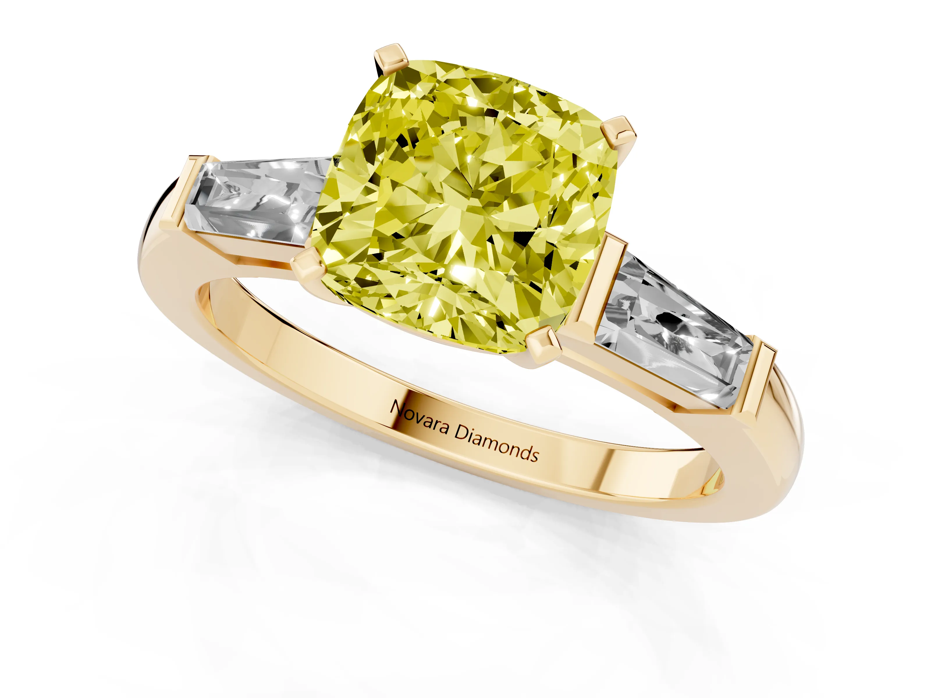 Fancy Yellow Cushion Cut Diamond Solitaire Ring Set in Yellow gold with Tapered Baguette Side Stones and Prong Setting