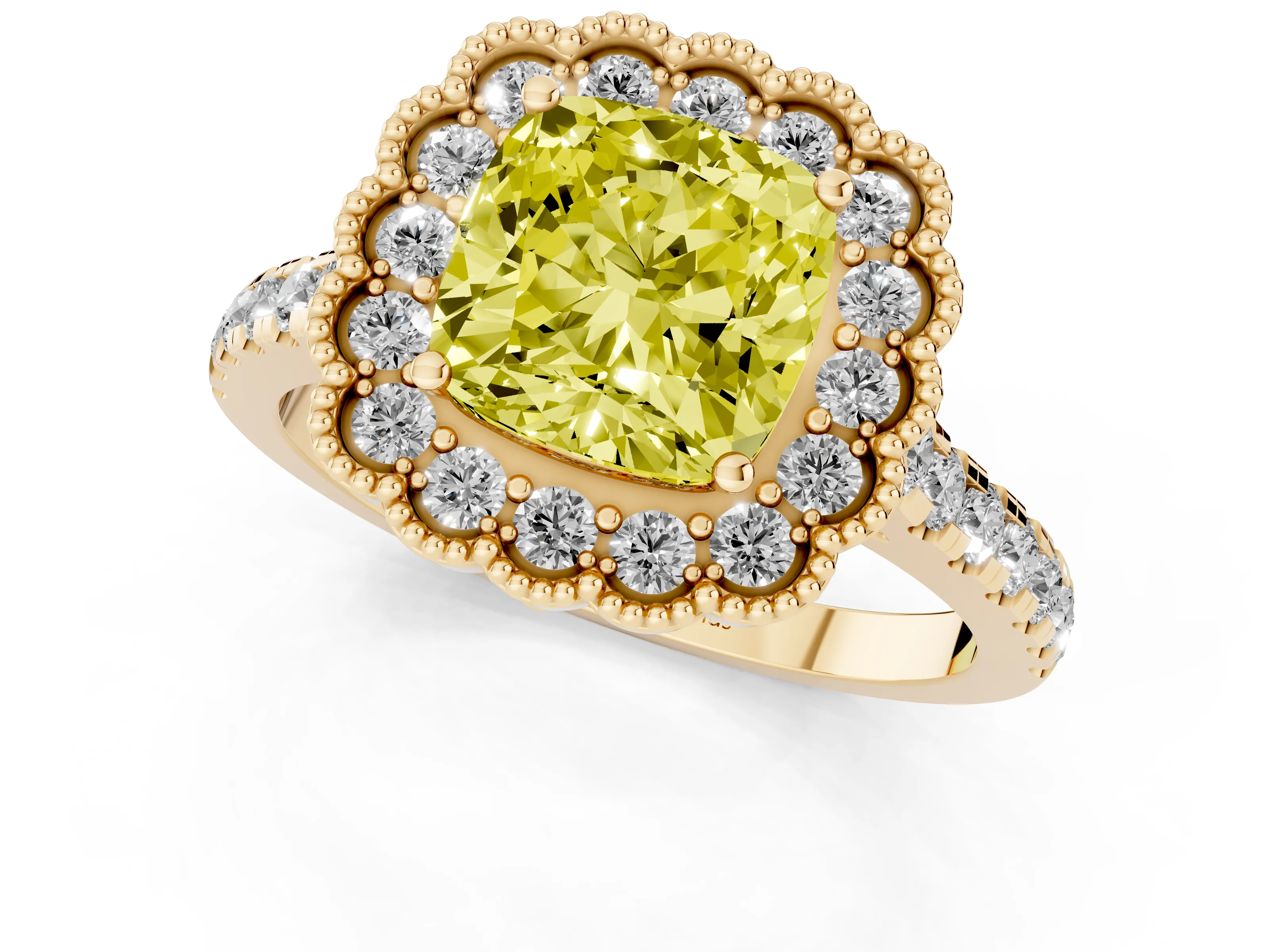 Fancy Yellow Cushion Cut Diamond Milgrain Floral Halo Engagement Ring Set in Yellow gold with Pavé Band