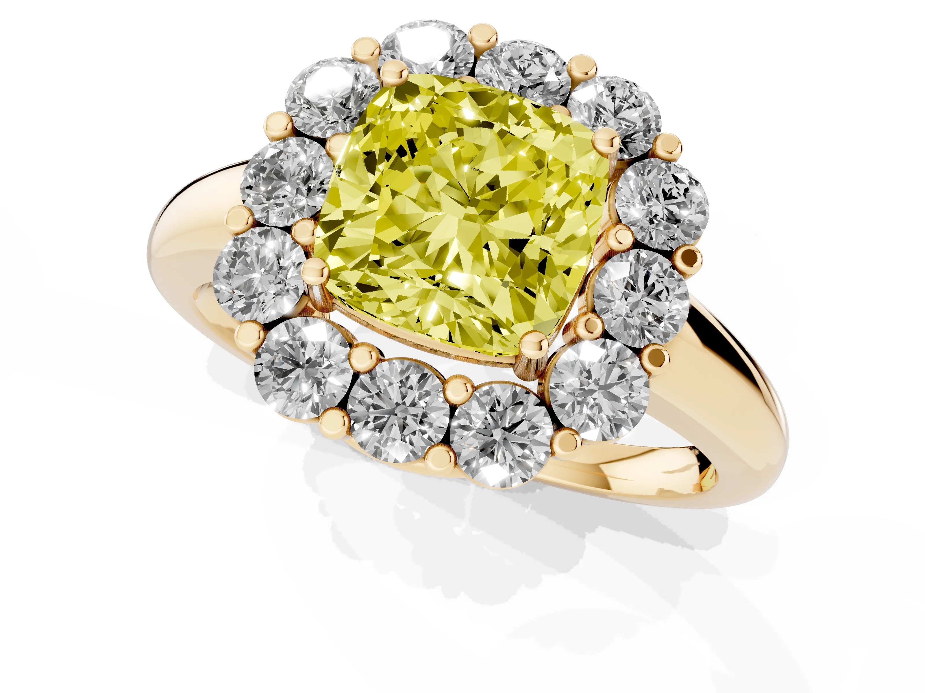 Fancy Yellow Cushion Cut Diamond Halo Cluster Engagement Ring Set in Yellow gold with Polished Band and Prong Setting