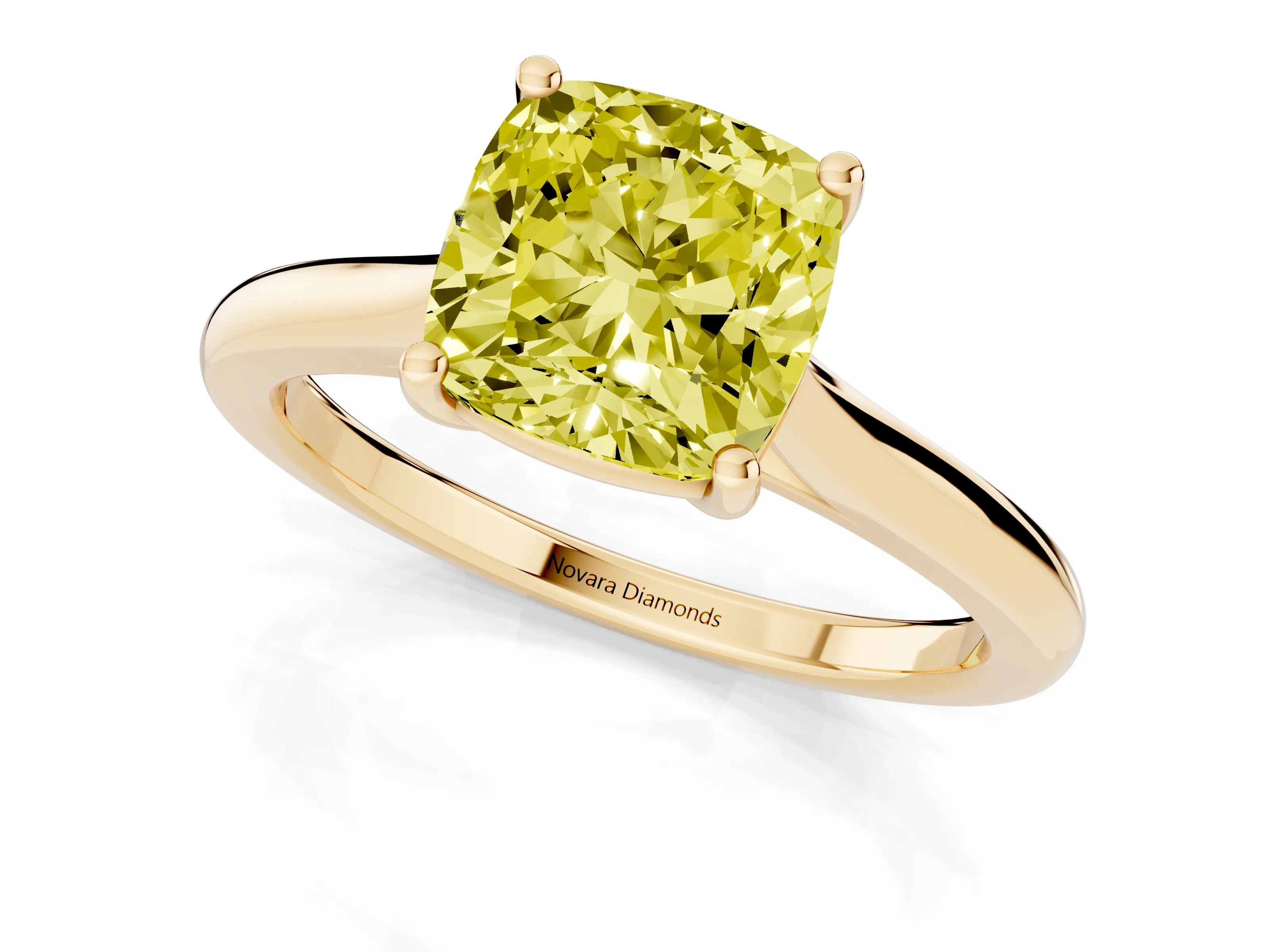 Fancy Yellow Cushion Cut Diamond Solitaire Ring Set in Yellow gold with Cathedral Band and Prong Setting