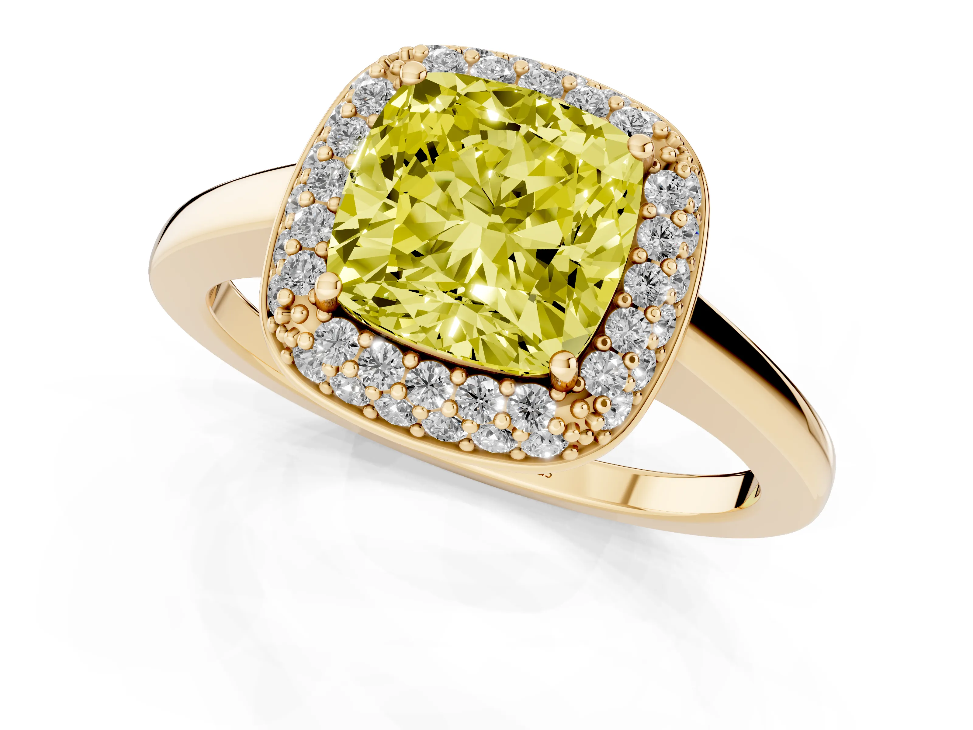 Fancy Yellow Cushion Cut Diamond Halo Engagement Ring Set in Yellow gold with Solitaire Band and Prong Setting