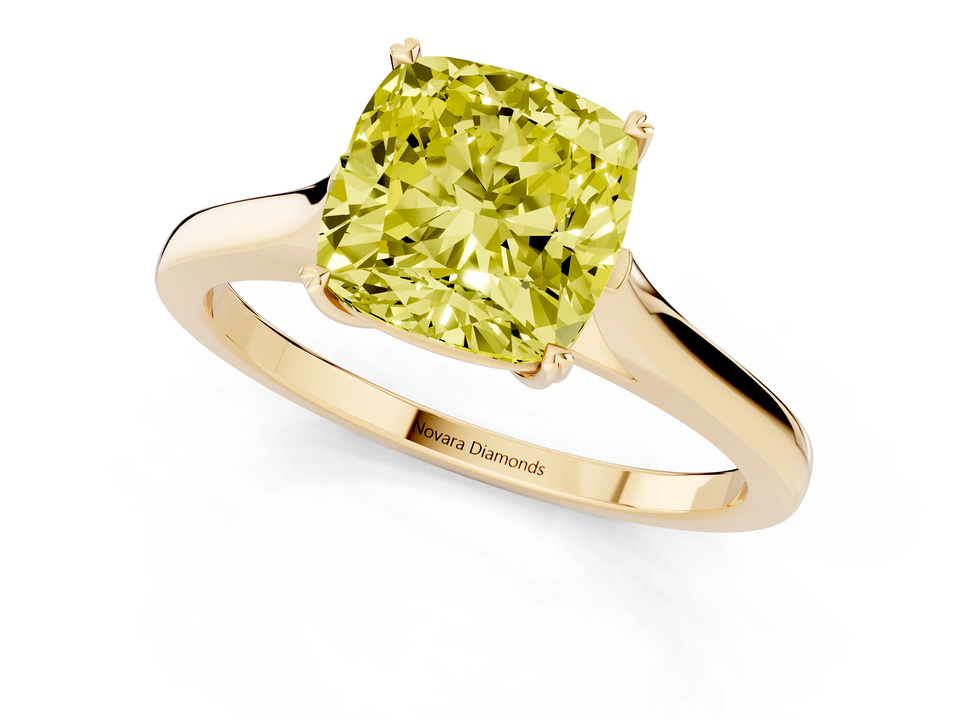 Fancy Yellow Cushion Cut Diamond Solitaire Heart Prong Engagement Ring Set in Yellow gold with Tapered Band