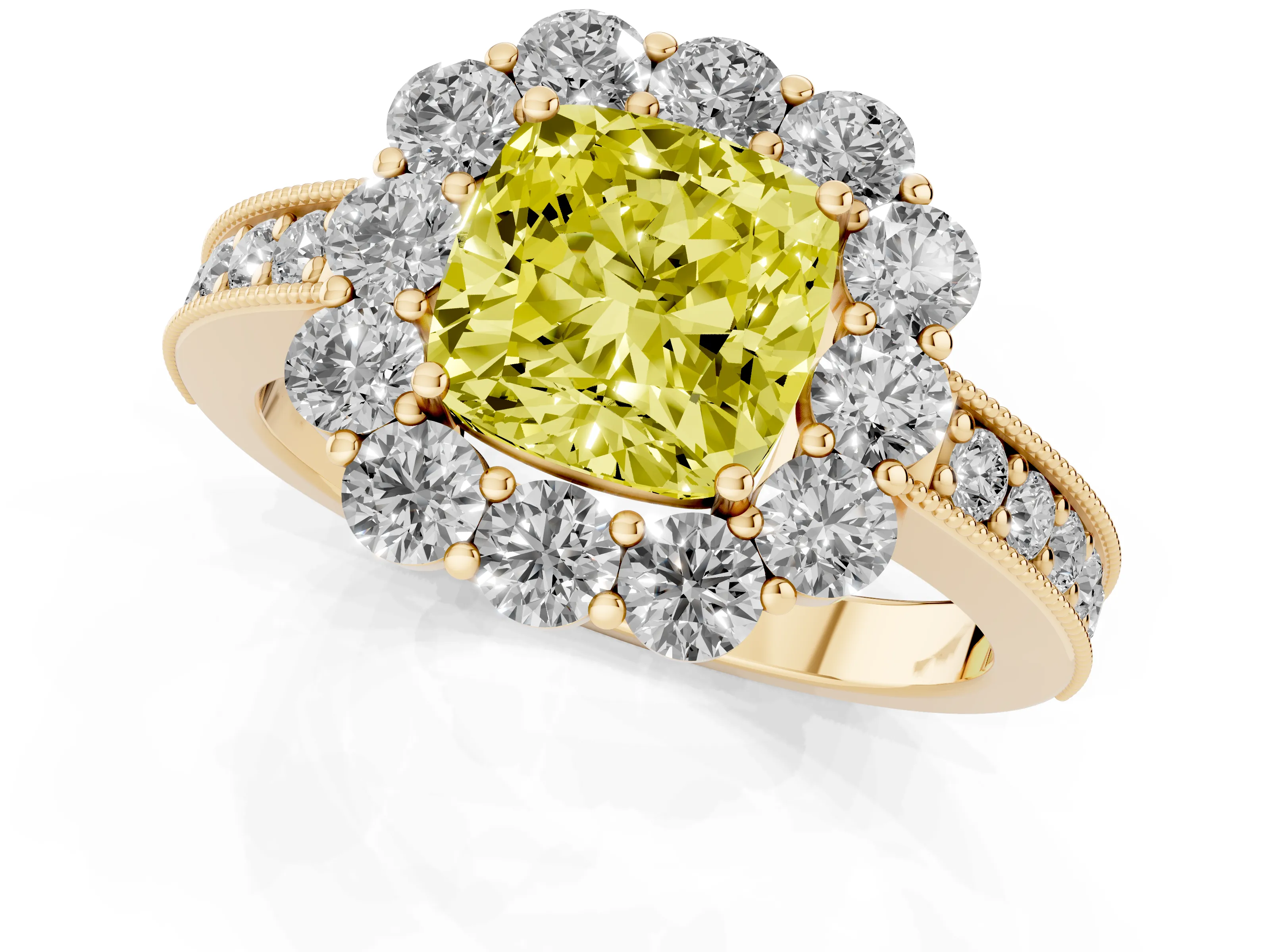 Fancy Yellow Cushion Cut Diamond Halo Pavé Engagement Ring Set in Yellow gold with Milgrain Detailing