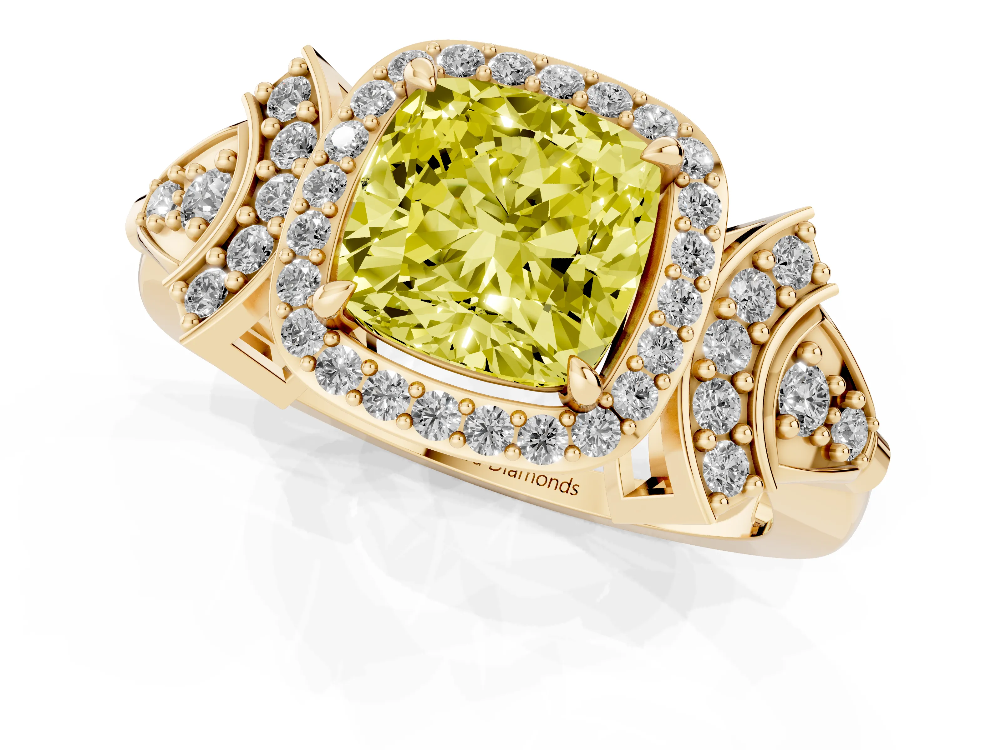 Fancy Yellow Cushion Cut Diamond Halo Engagement Ring Set in Yellow gold with Accent Stone Split Shank