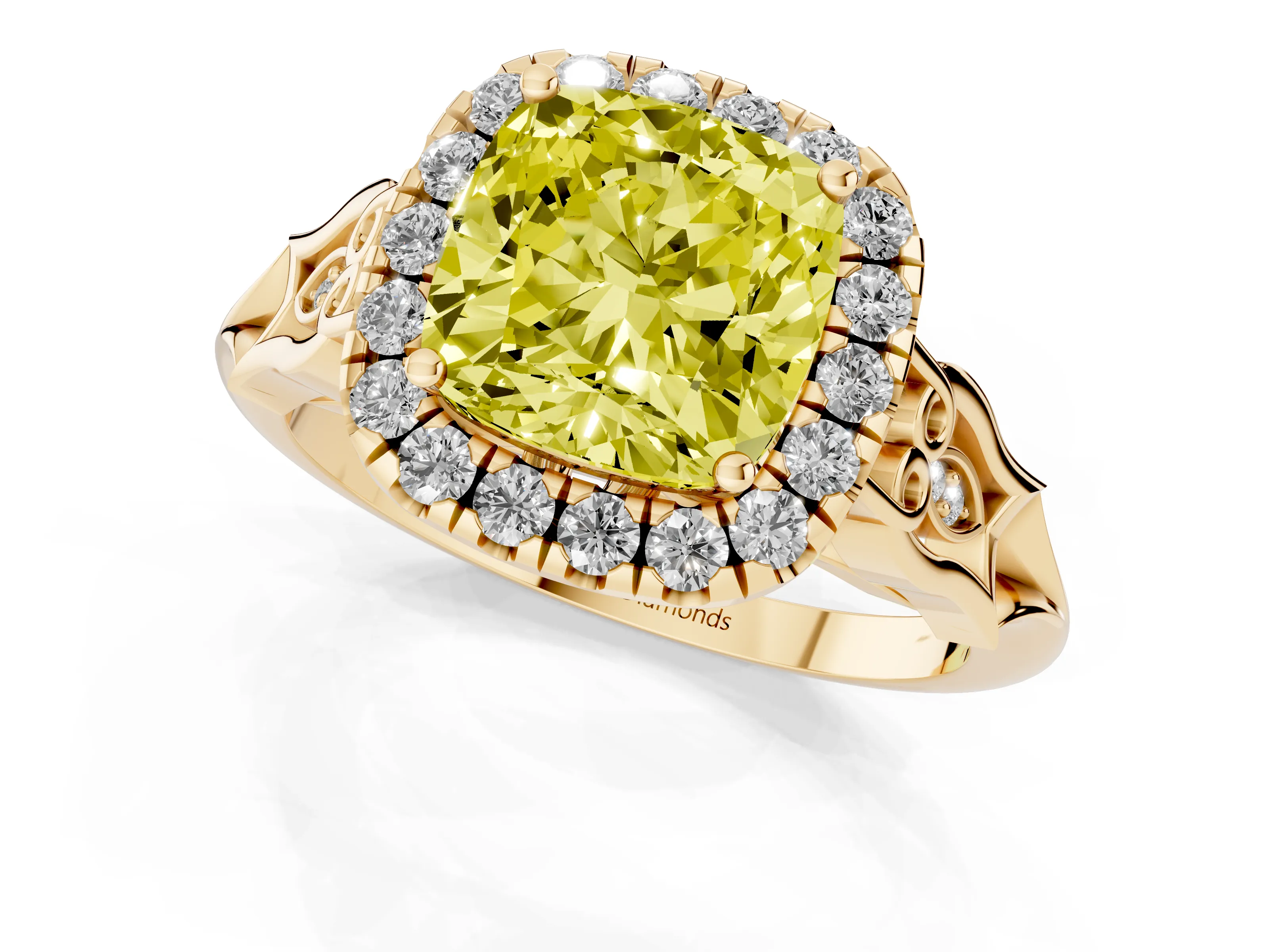 Fancy Yellow Cushion Cut Diamond Halo Engagement Ring Set in Yellow gold with Filigree Band and Prong-Set Center