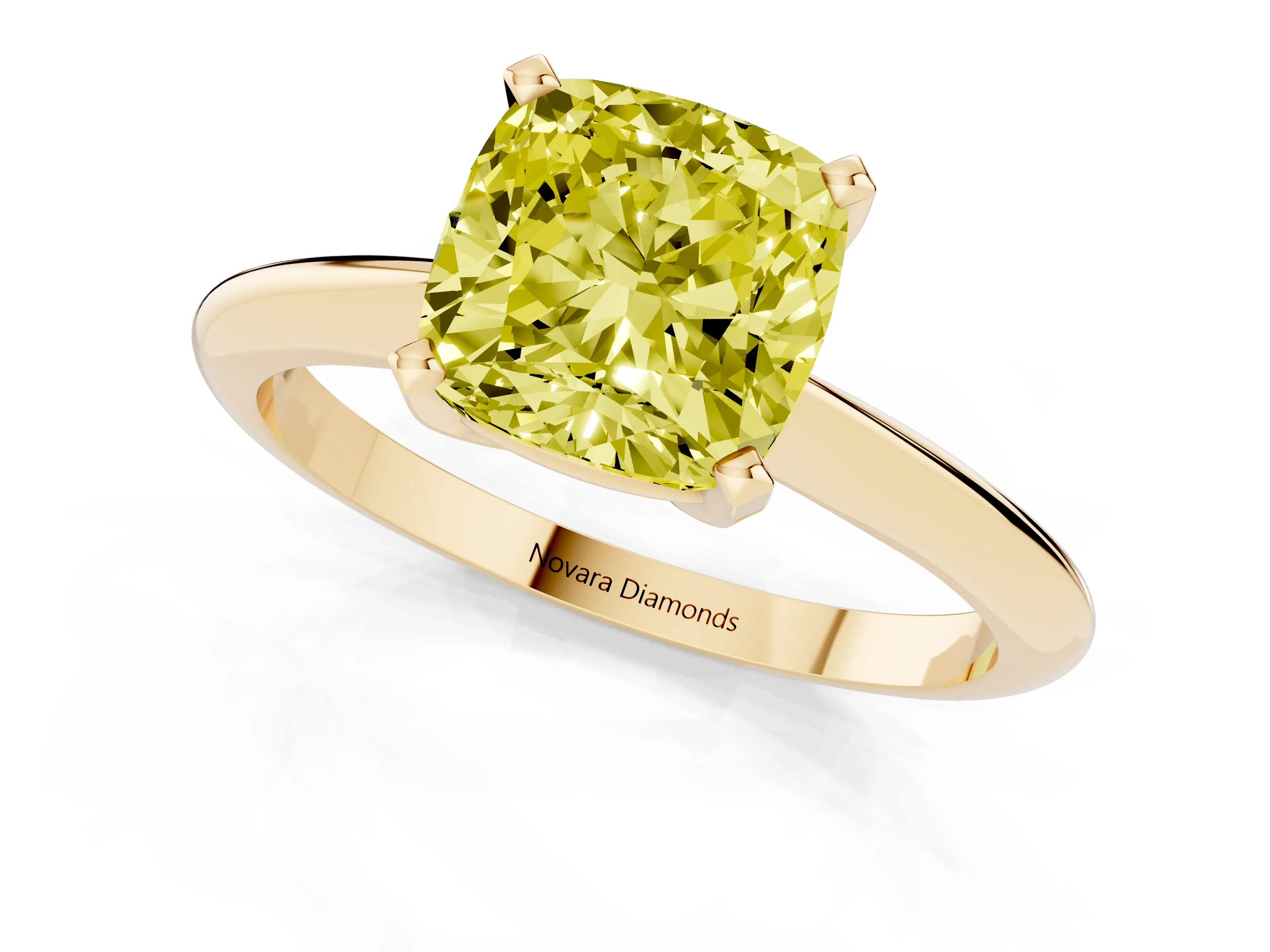 Fancy Yellow Cushion Cut Diamond Solitaire Ring Set in Yellow gold with Prong Setting on a Plain Round Band