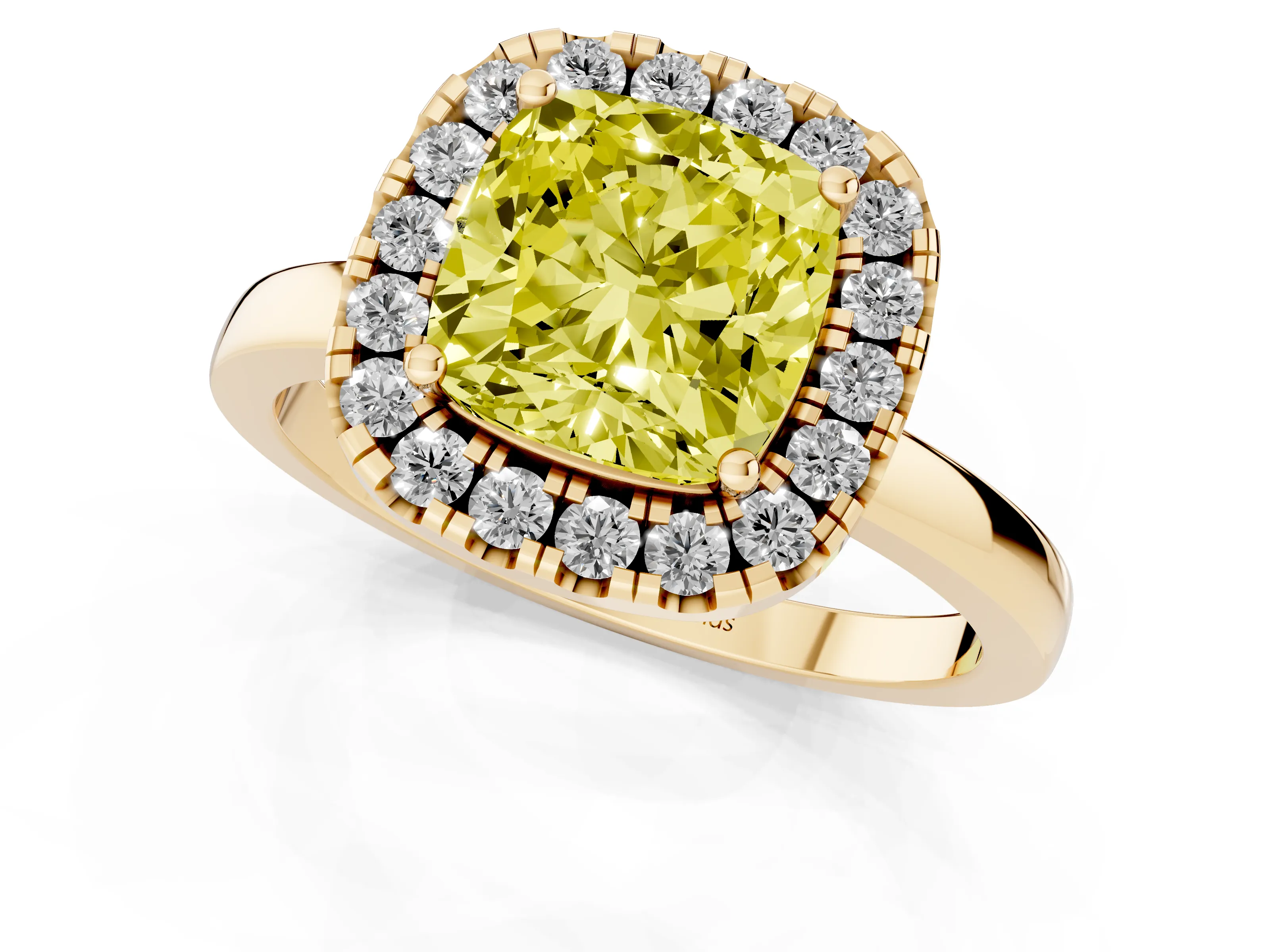 Fancy Yellow Cushion Cut Diamond Halo Solitaire Ring Set in Yellow gold with Pavé Band and Prong Setting