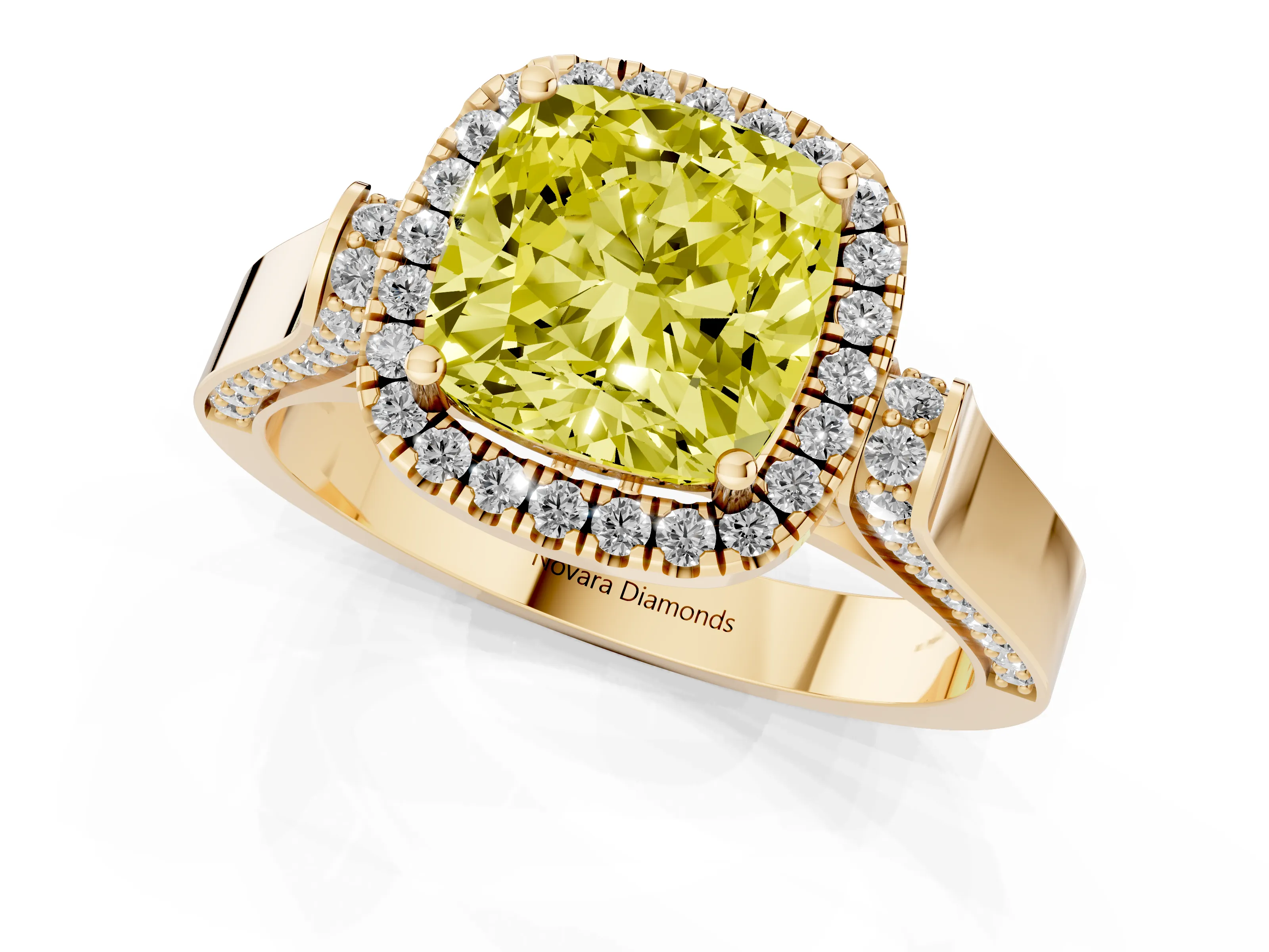 Fancy Yellow Cushion Cut Diamond Halo Ring Set in Yellow gold with Pavé-Lined Split Shank Band