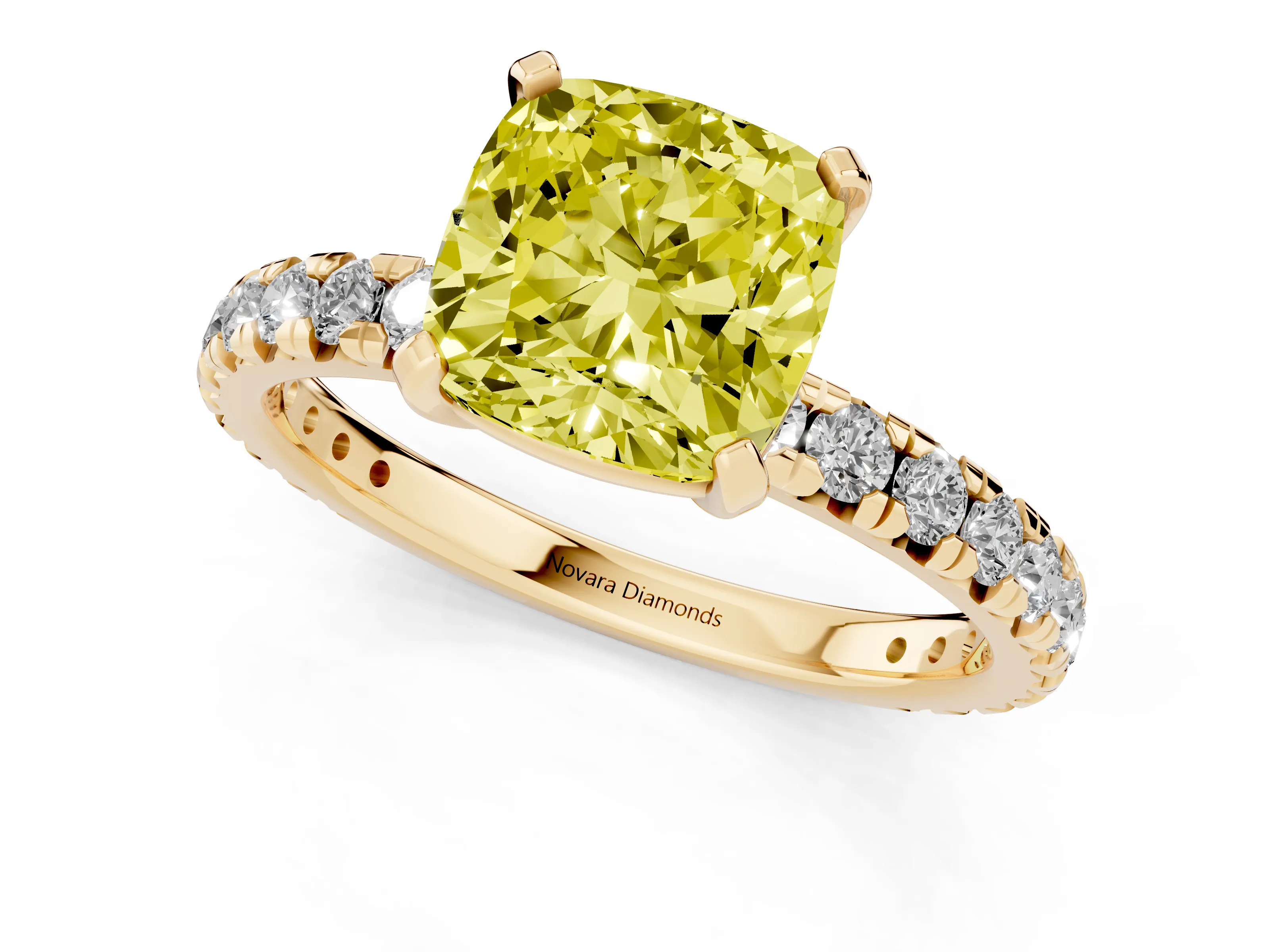 Fancy Yellow Cushion Cut Diamond Pavé Solitaire Ring Set in Yellow gold with Round Band and Prong Setting
