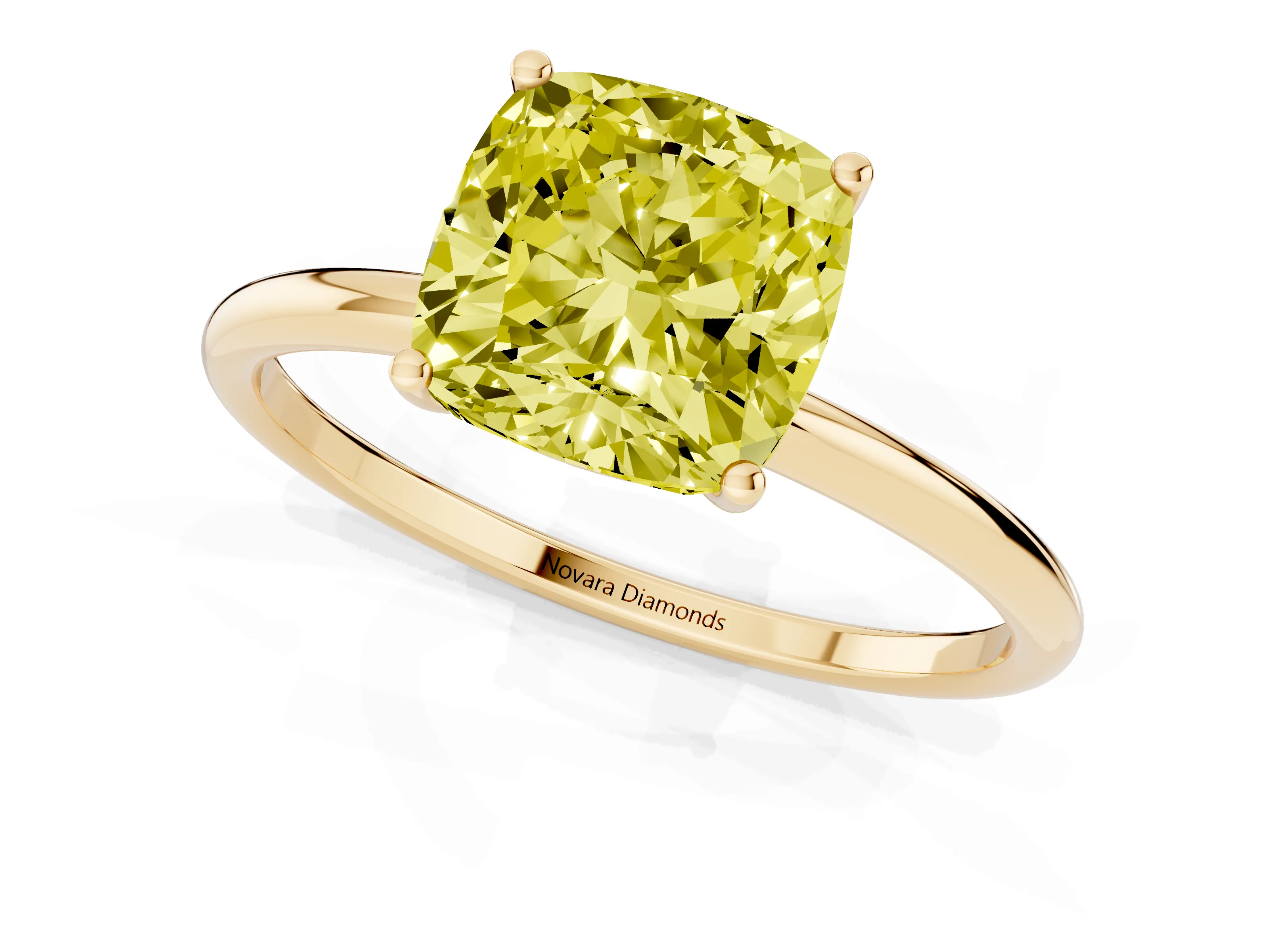 Fancy Yellow Cushion Cut Diamond Solitaire Engagement Ring Set in Yellow gold with Thin Band and Prong Setting