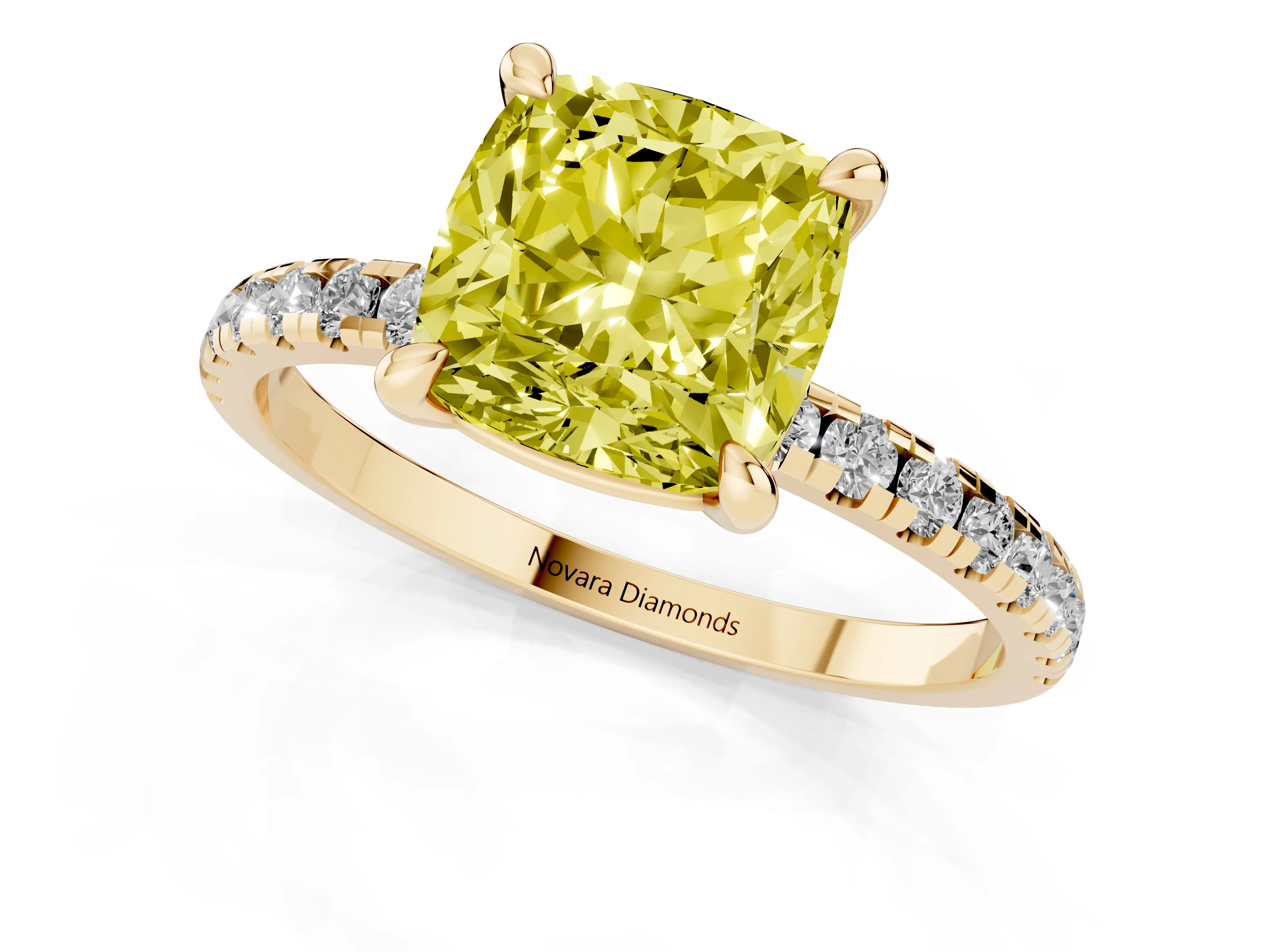 Fancy Yellow Cushion Cut Diamond Brilliant Solitaire Ring Set in Yellow gold with Pavé Band and Prong Setting