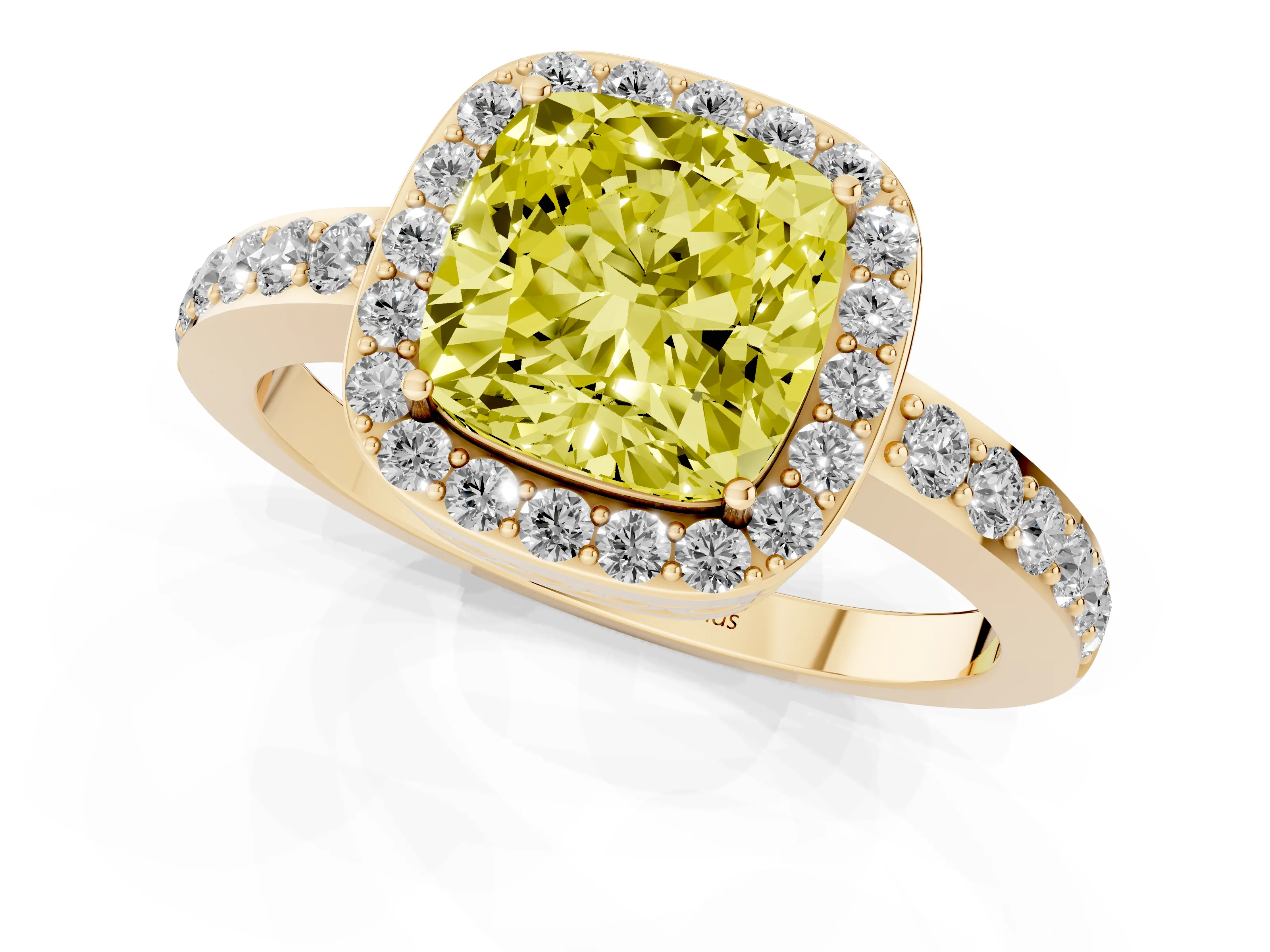 Fancy Yellow Cushion Cut Diamond Halo Ring Set in Yellow gold with Pavé-Setting Band and Open Prong Center