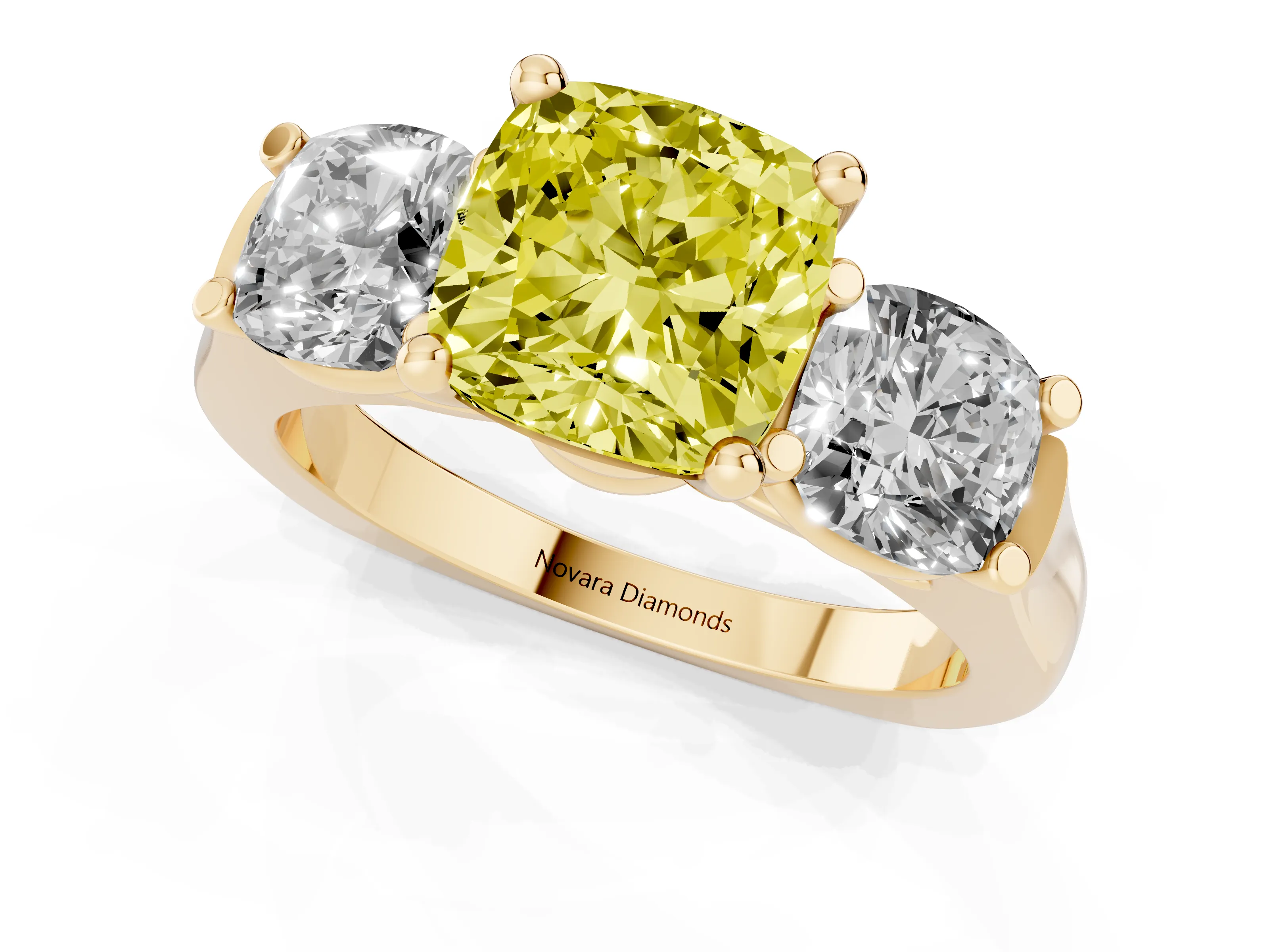 Fancy Yellow Cushion Cut Diamond Three-Stone Trellis Ring Set in Yellow gold with Comfort Fit Band