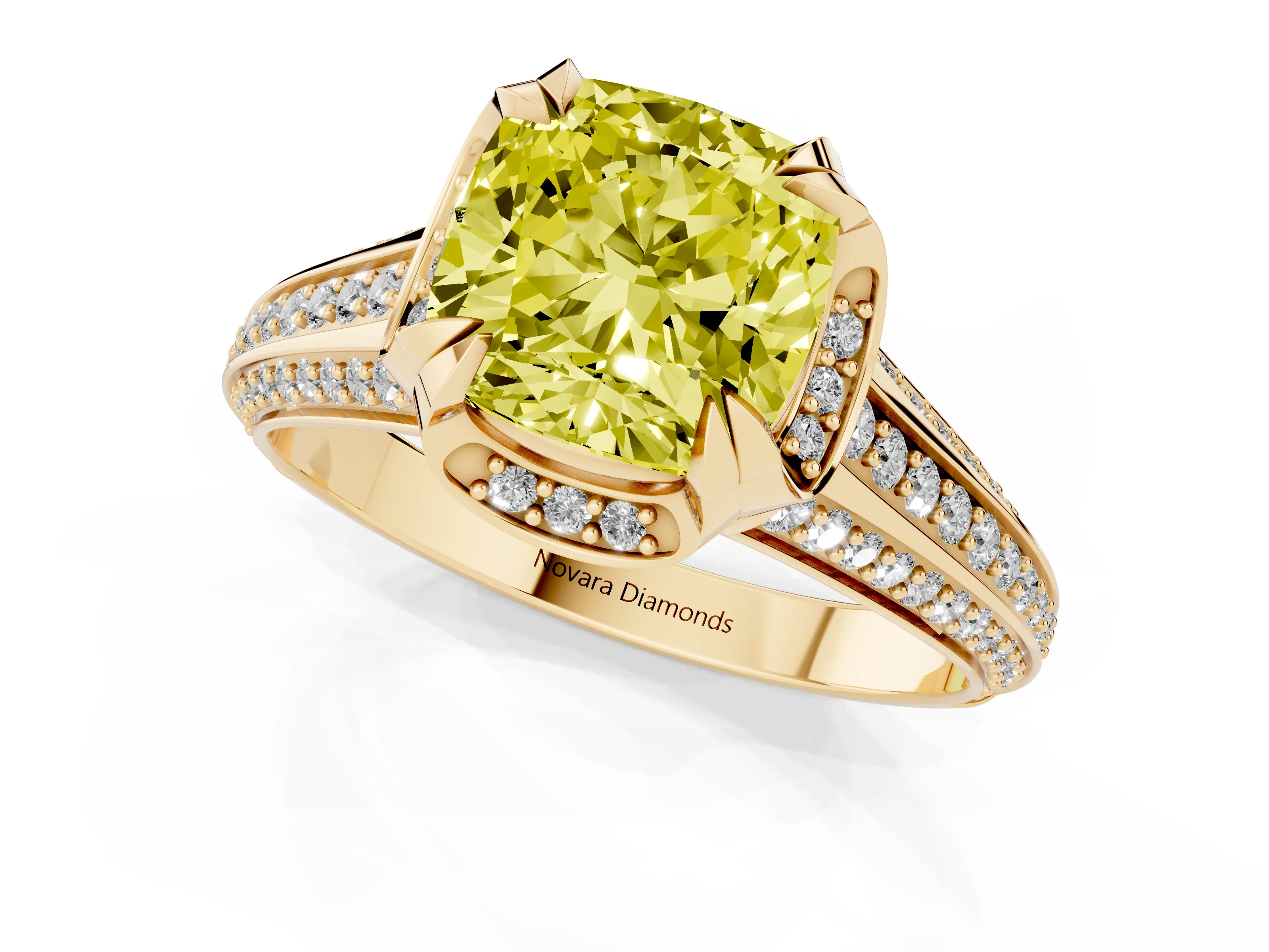 Fancy Yellow Cushion Cut Diamond Pavé Split Shank Solitaire Ring Set in Yellow gold with Prong Setting