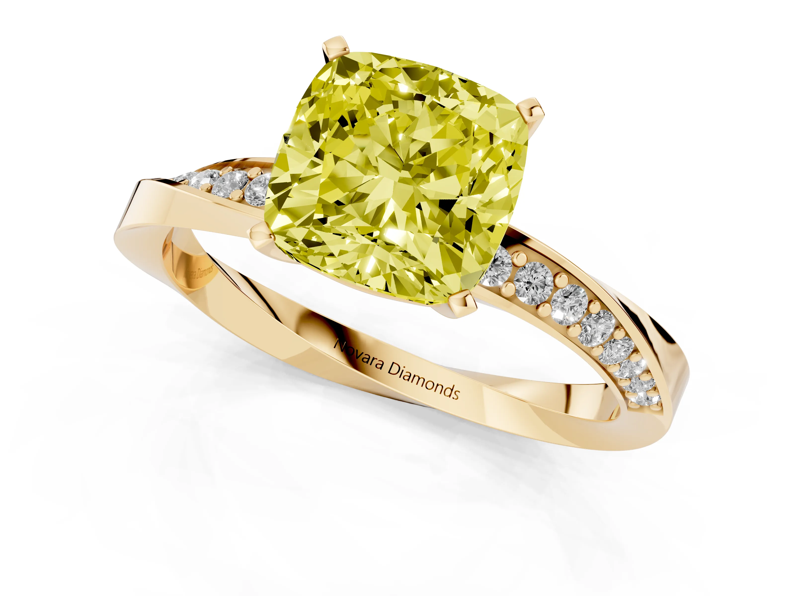 Fancy Yellow Cushion Cut Diamond Engagement Ring Set in Yellow gold with Side Stone Accents and Prong Setting