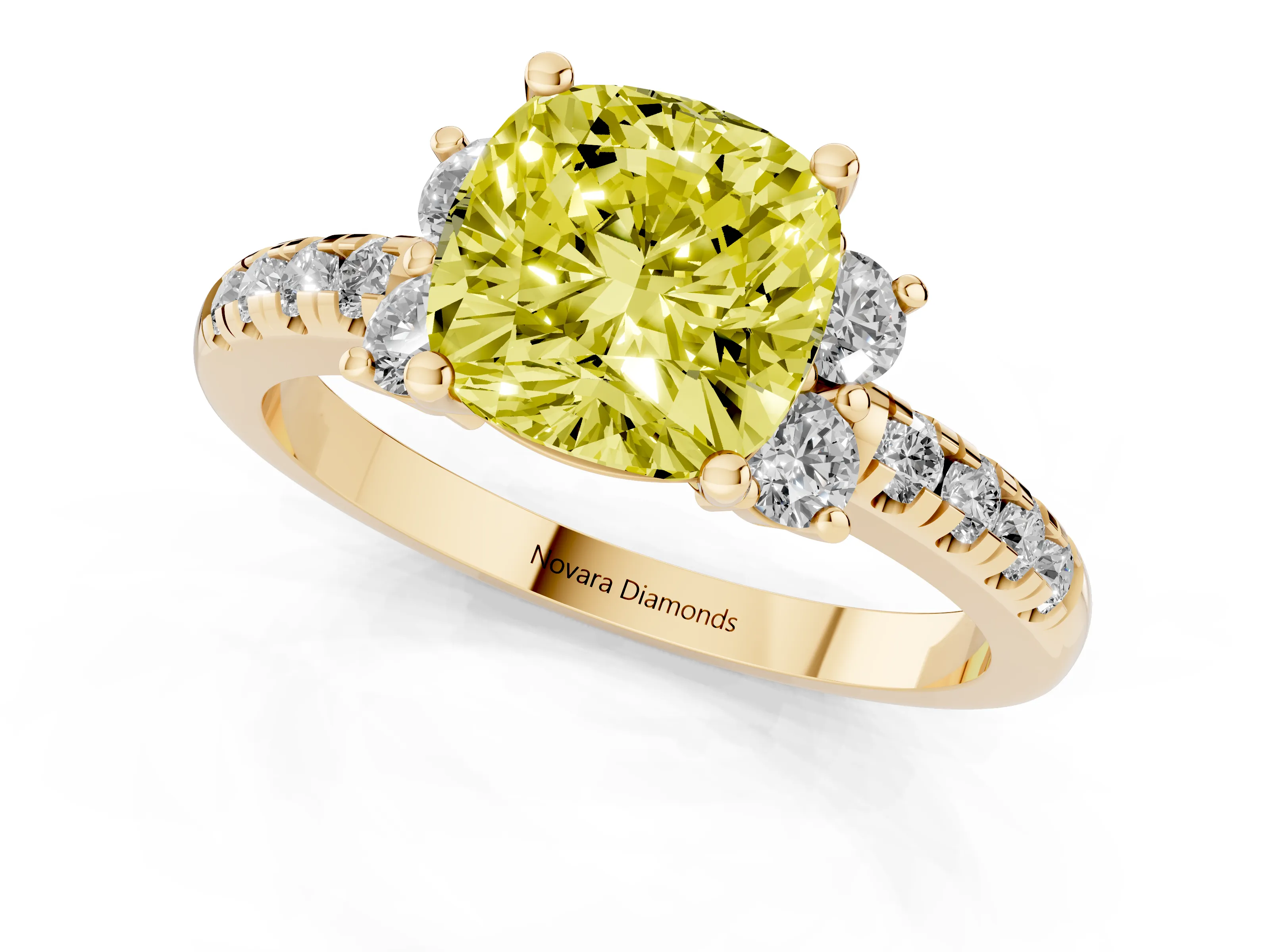 Fancy Yellow Cushion Cut Diamond Three-Stone Pavé Ring Set in Yellow gold with Prong Setting