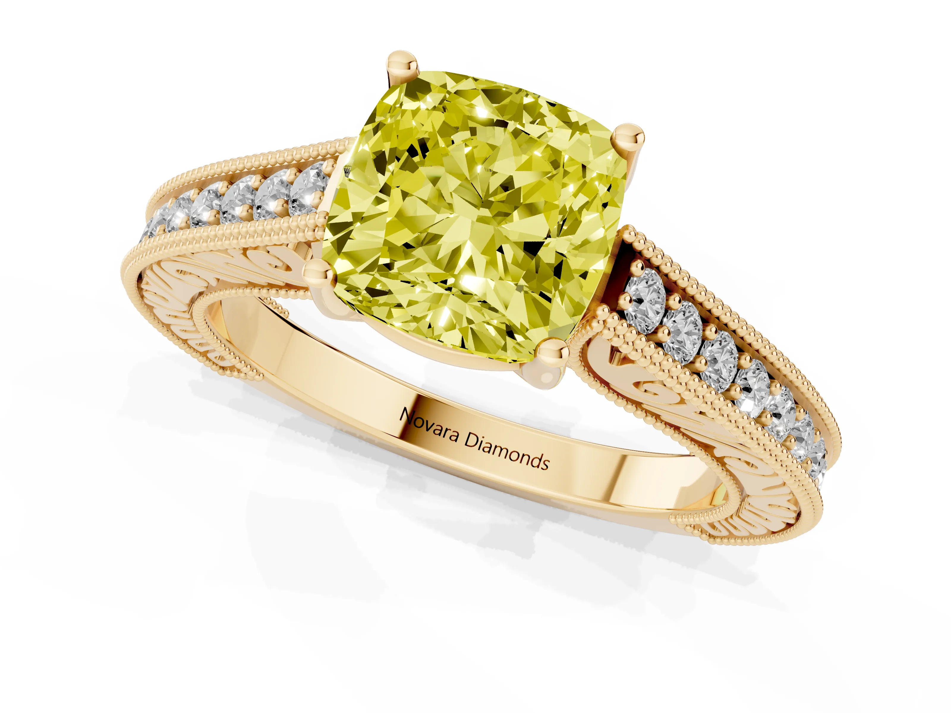 Fancy Yellow Cushion Cut Diamond Milgrain Pavé Band Solitaire Ring Set in Yellow gold with Prong Setting
