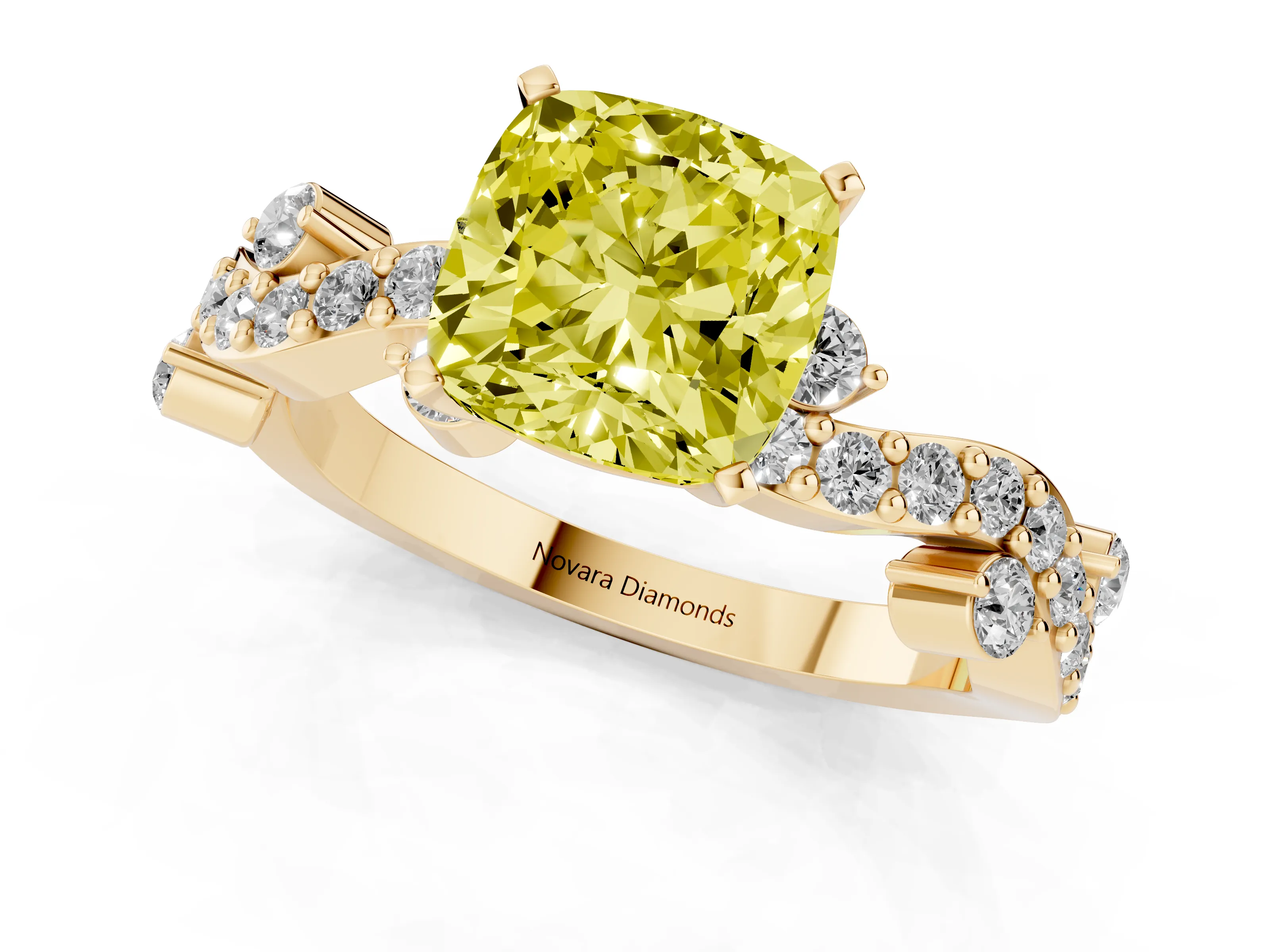 Fancy Yellow Cushion Cut Diamond Solitaire Twisted Band Set in Yellow gold with Pavé Setting