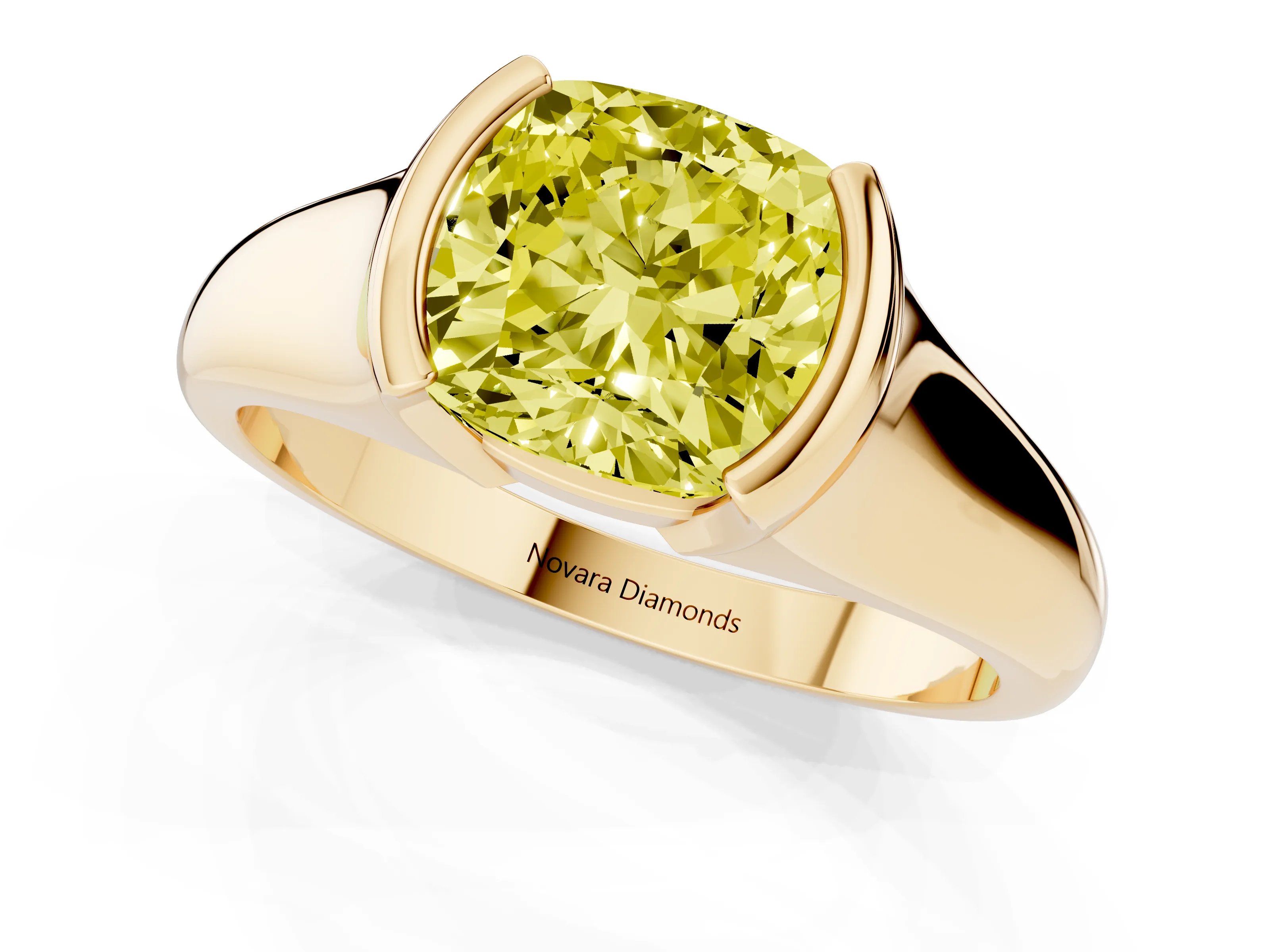 Fancy Yellow Cushion Cut Diamond Solitaire Tension Set Ring Set in Yellow gold with Split Shank Band