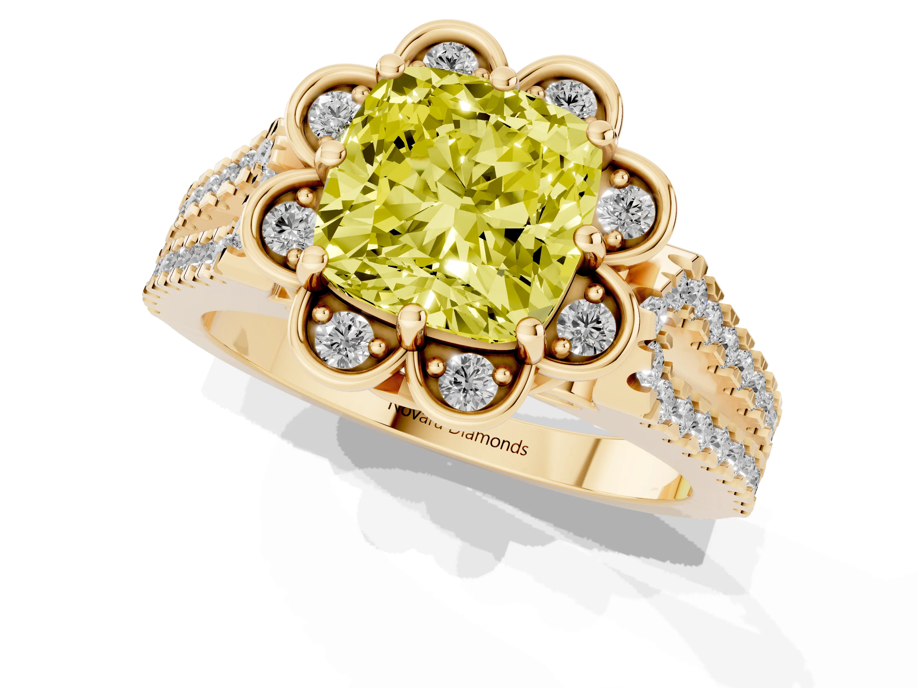 Fancy Yellow Cushion Cut Diamond Floral Halo Split Shank Engagement Ring Set in Yellow gold with Pavé Shank