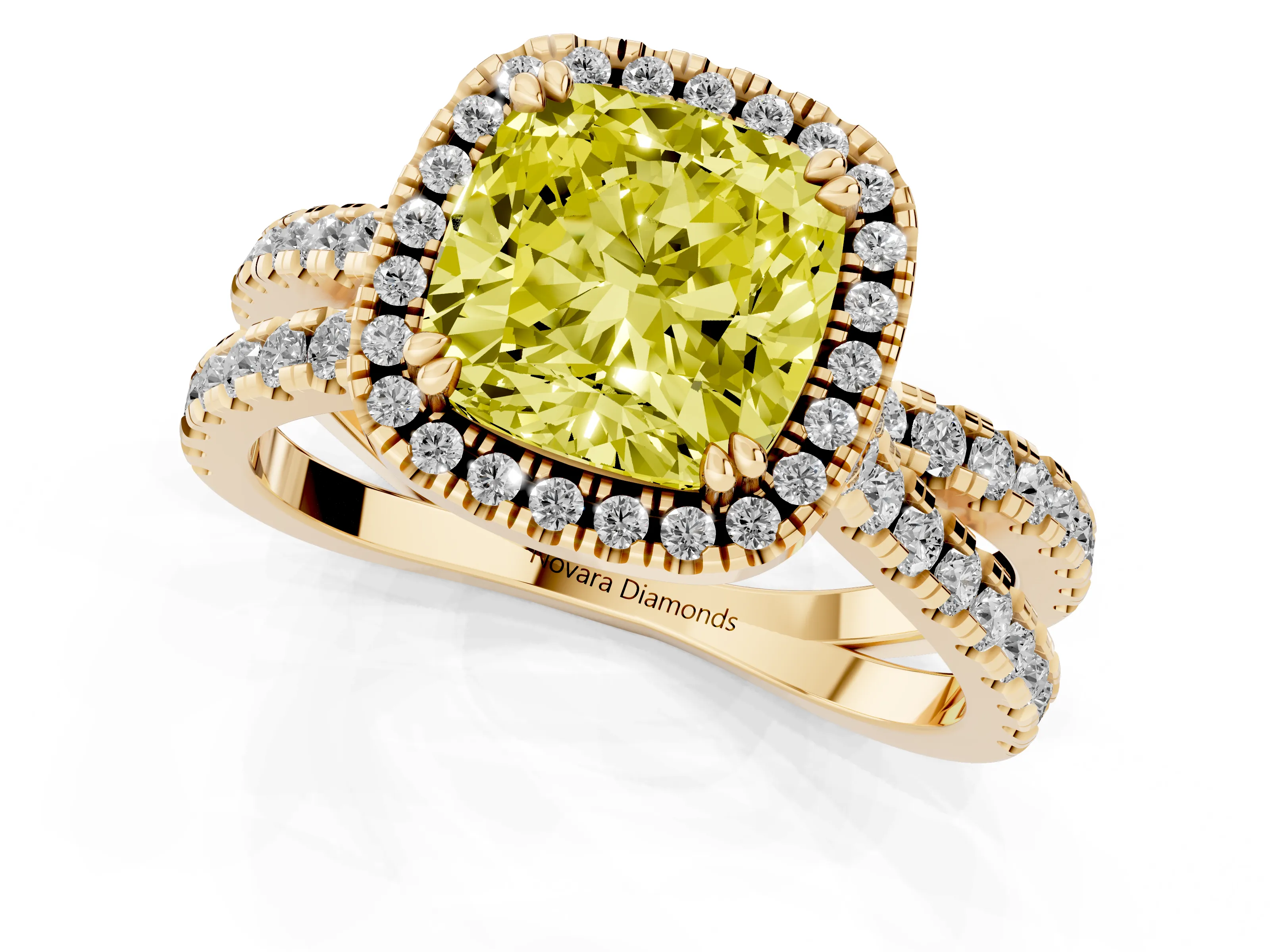 Fancy Yellow Cushion Cut Diamond Halo Split Shank Ring Set in Yellow gold with Pavé Setting