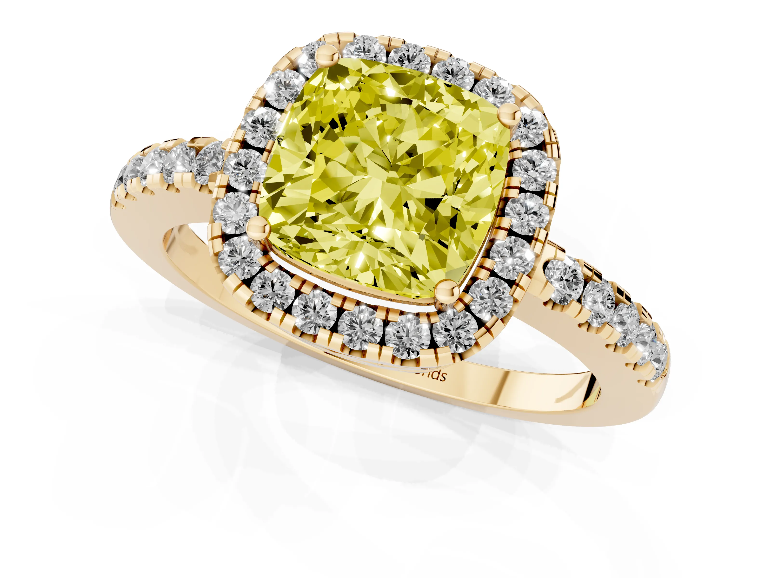 Fancy Yellow Cushion Cut Diamond Pavé Band Halo Engagement Ring Set in Yellow gold with Prong Setting