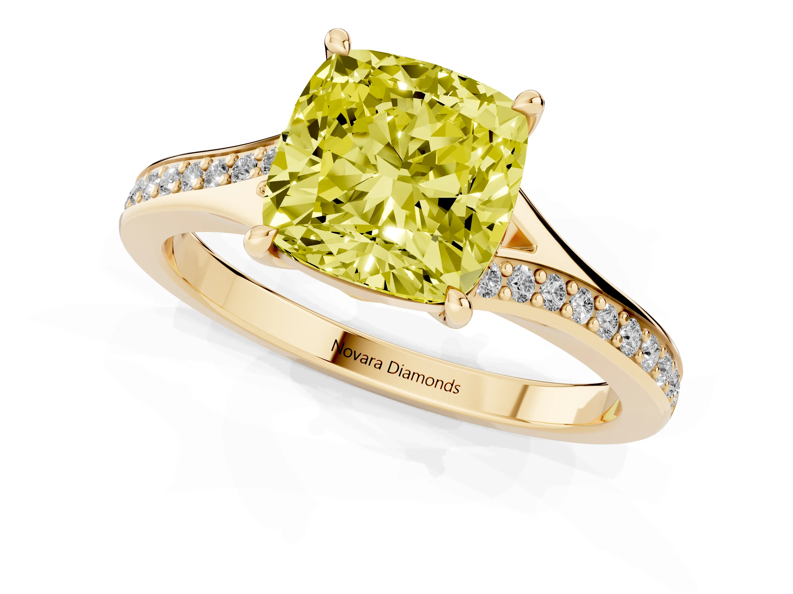 Fancy Yellow Cushion Cut Diamond Solitaire Ring Set in Yellow gold with Pavé Accent Band and Classic Prong Setting