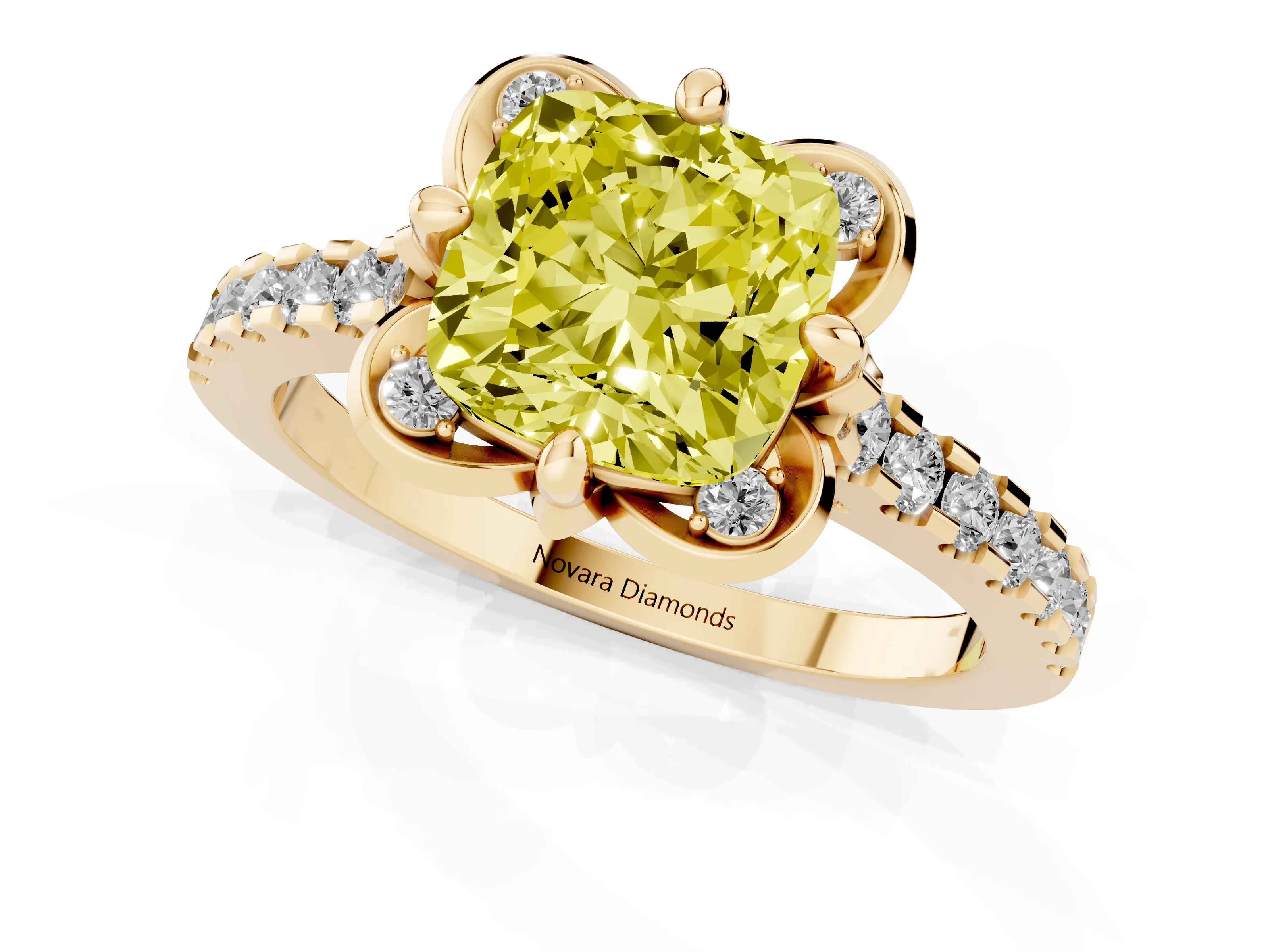Fancy Yellow Cushion Cut Diamond Solitaire Ring Set in Yellow gold with Pavé Band and Floral Prong Setting