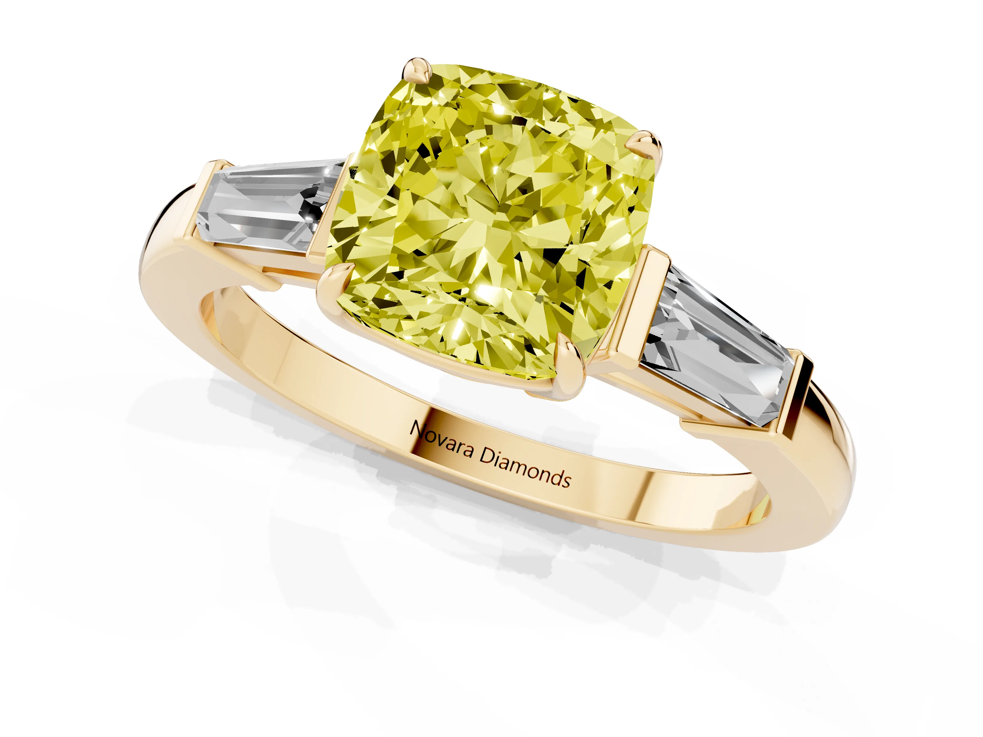 Fancy Yellow Cushion Cut Diamond Three-Stone Ring Set in Yellow gold with Tapered Baguette Side Stones and Prong Setting