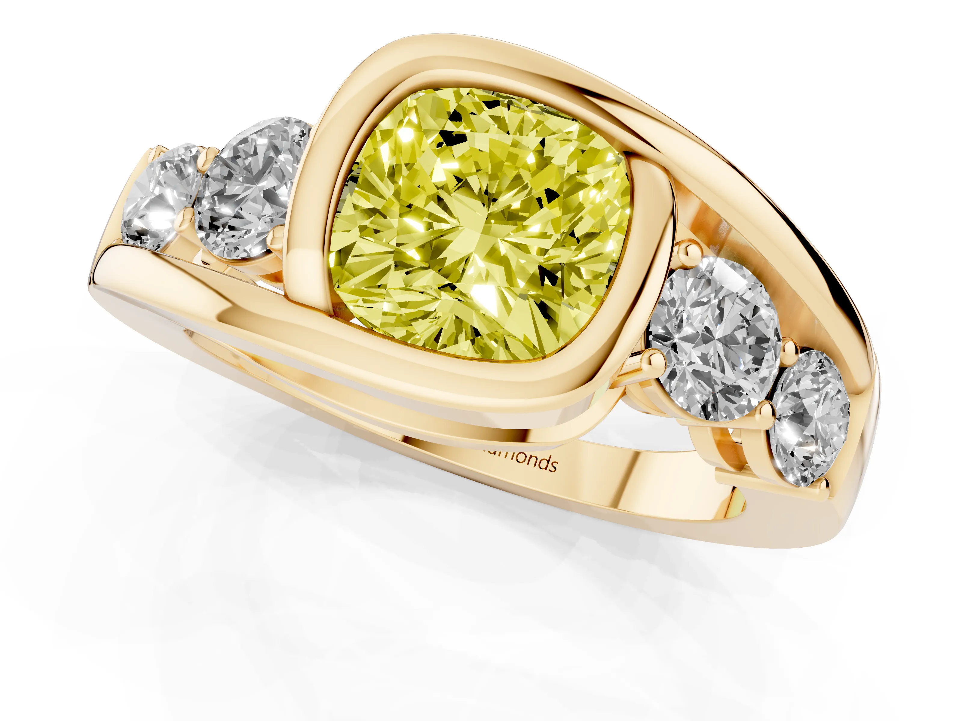 Fancy Yellow Cushion Cut Diamond Bezel Bypass Ring Set in Yellow gold with Round Accents