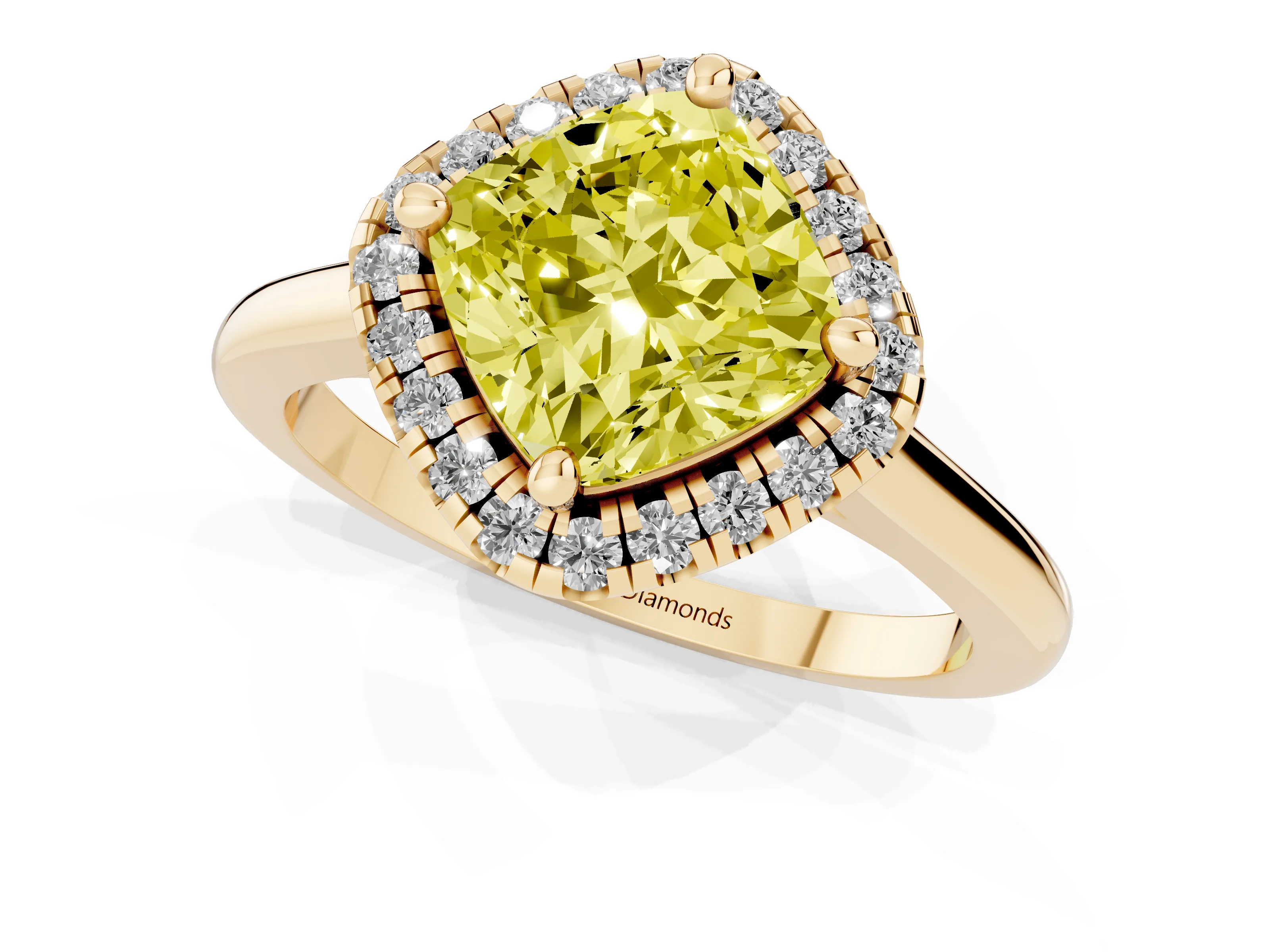 Fancy Yellow Cushion Cut Diamond Halo Engagement Ring Set in Yellow gold with Pavé Band and Rising Shoulders