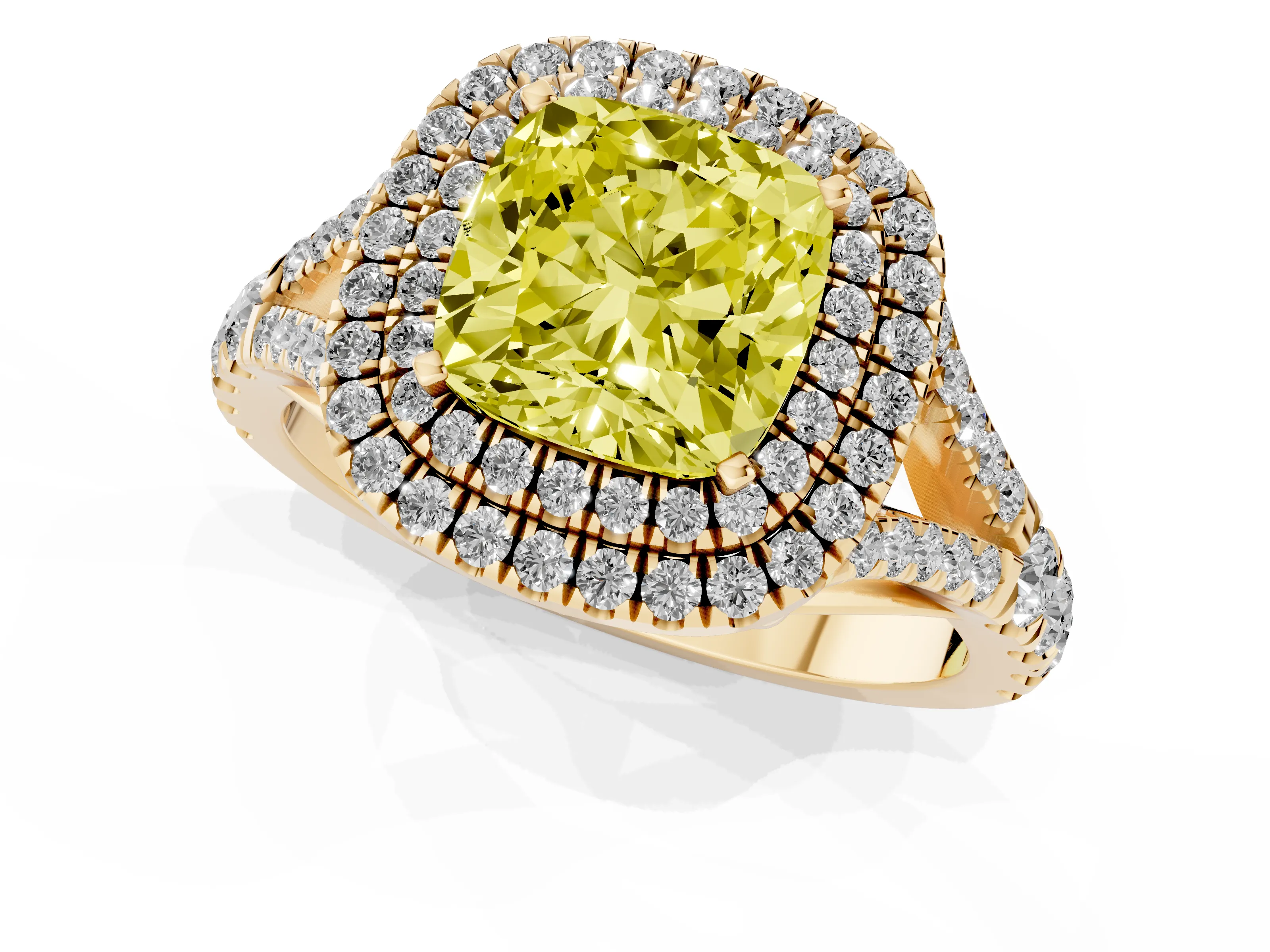 Fancy Yellow Cushion Cut Diamond Pavé Split Shank Double Halo Engagement Ring Set in Yellow gold