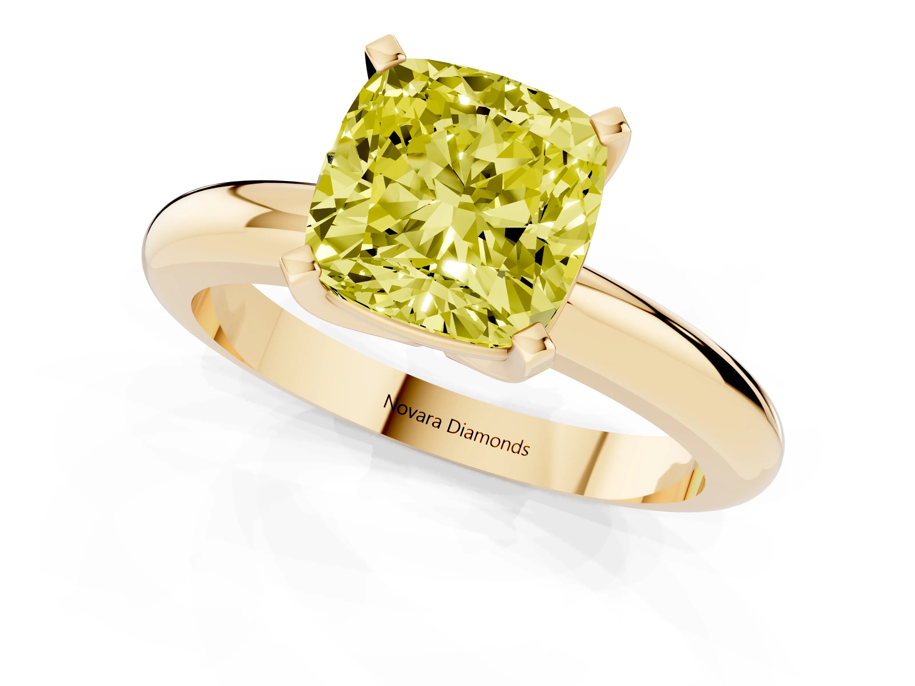 Fancy Yellow Cushion Cut Diamond Solitaire Engagement Ring Set in Yellow gold with Round Band and Prong Setting