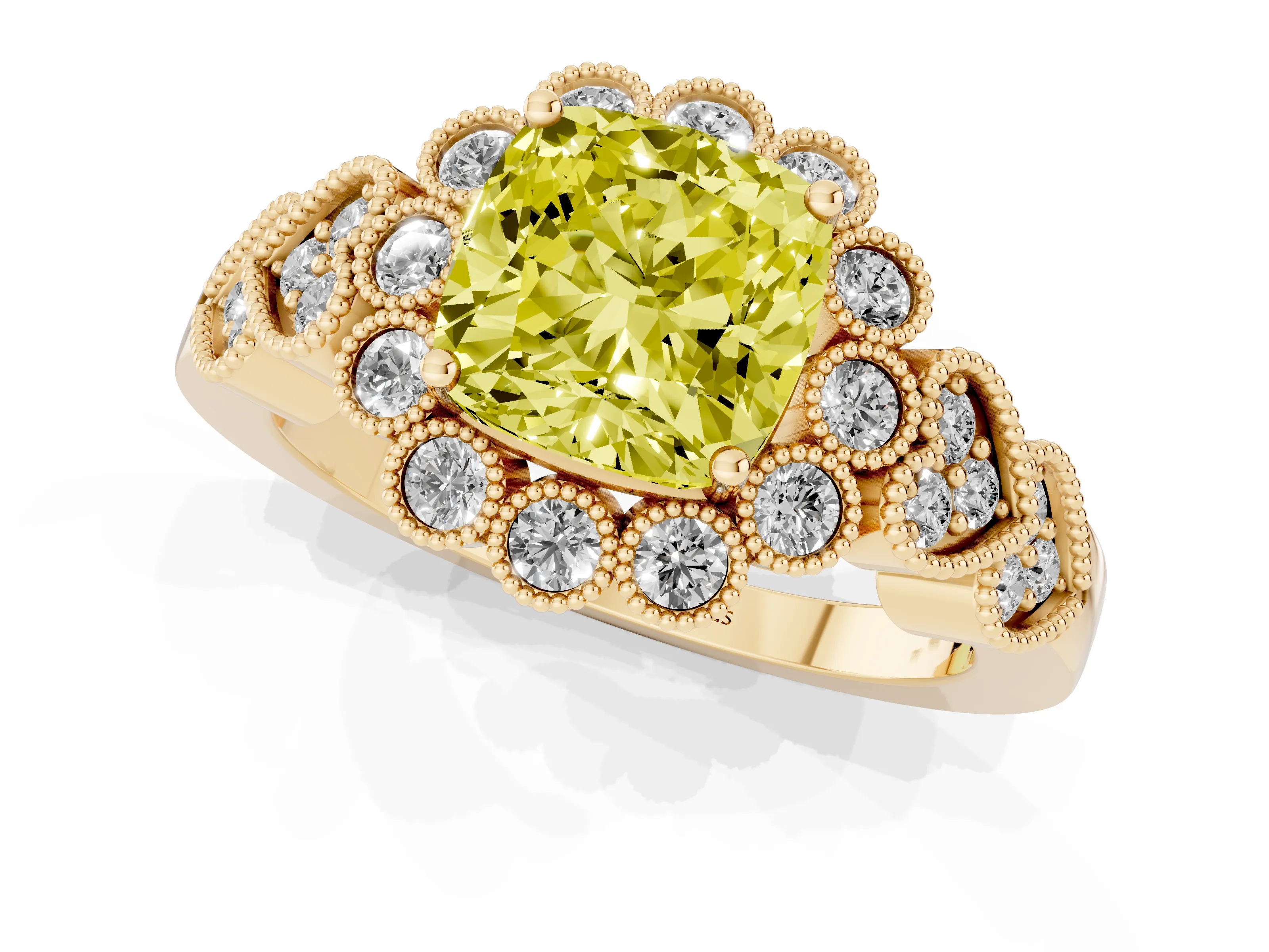 Fancy Yellow Cushion Cut Diamond Solitaire Ring Set in Yellow gold with Milgrain Pavé Heart Band