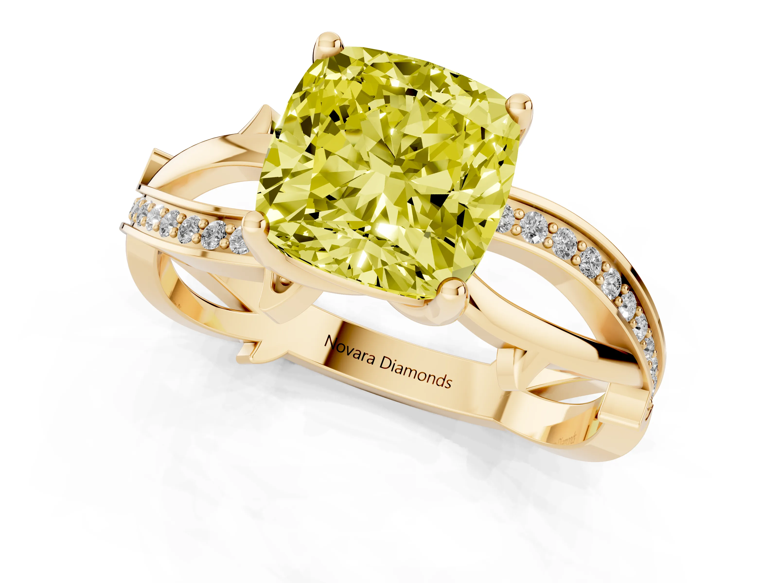 Fancy Yellow Cushion Cut Diamond Pavé Twist Band Solitaire Ring Set in Yellow gold with Prong Setting