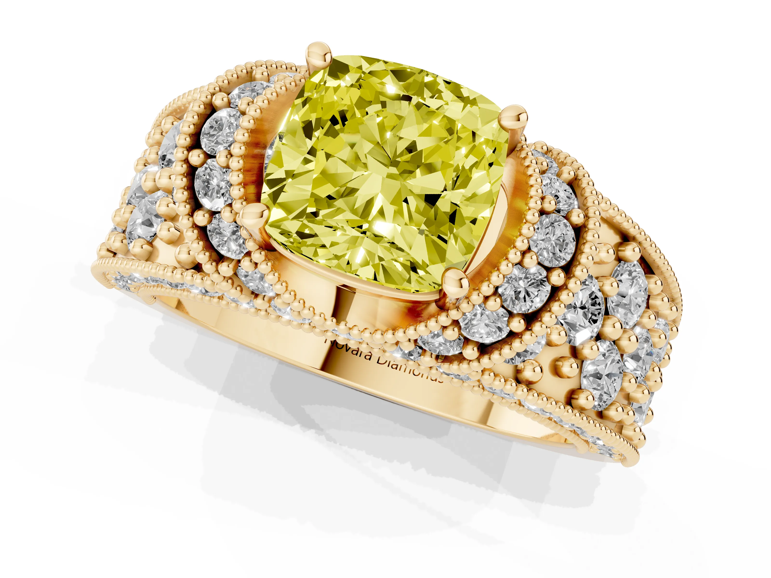 Fancy Yellow Cushion Cut Diamond Milgrain Halo Pavé Engagement Ring Set in Yellow gold with Prong Setting