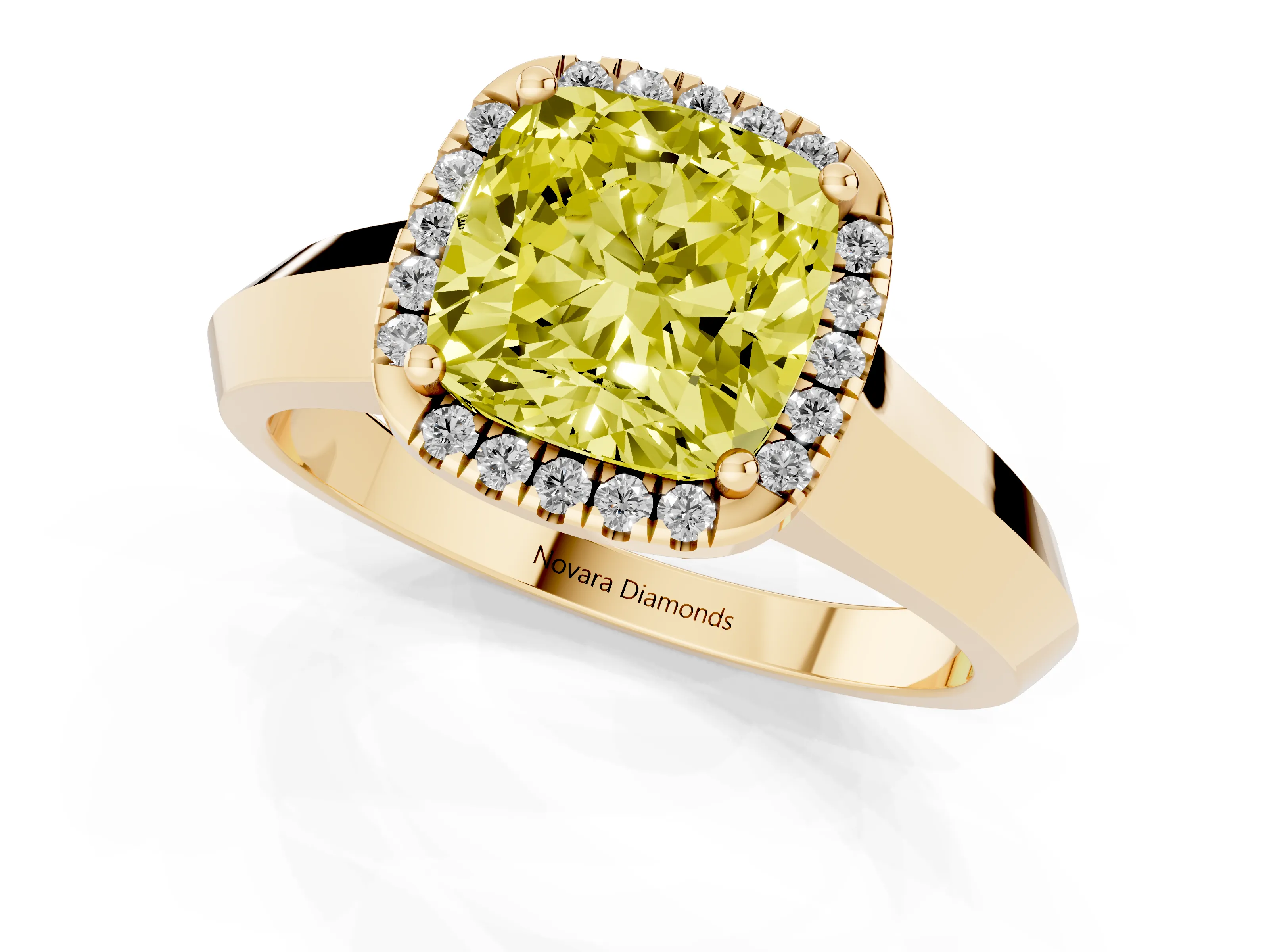 Fancy Yellow Cushion Cut Diamond Halo Ring Set in Yellow gold with Cathedral Band and Prong Setting