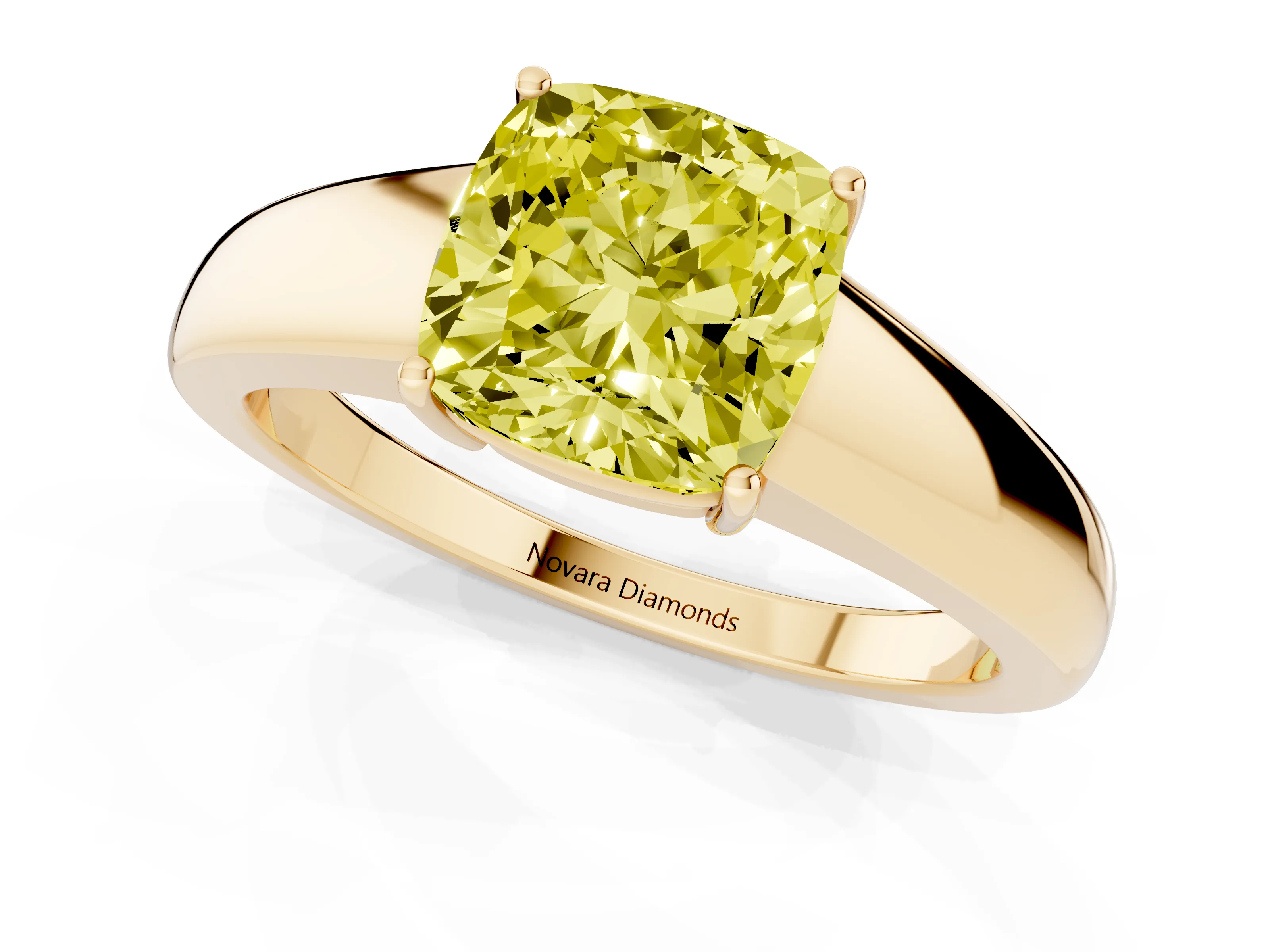 Fancy Yellow Cushion Cut Diamond Solitaire Ring Set in Yellow gold with Tapered Band and Prong Setting