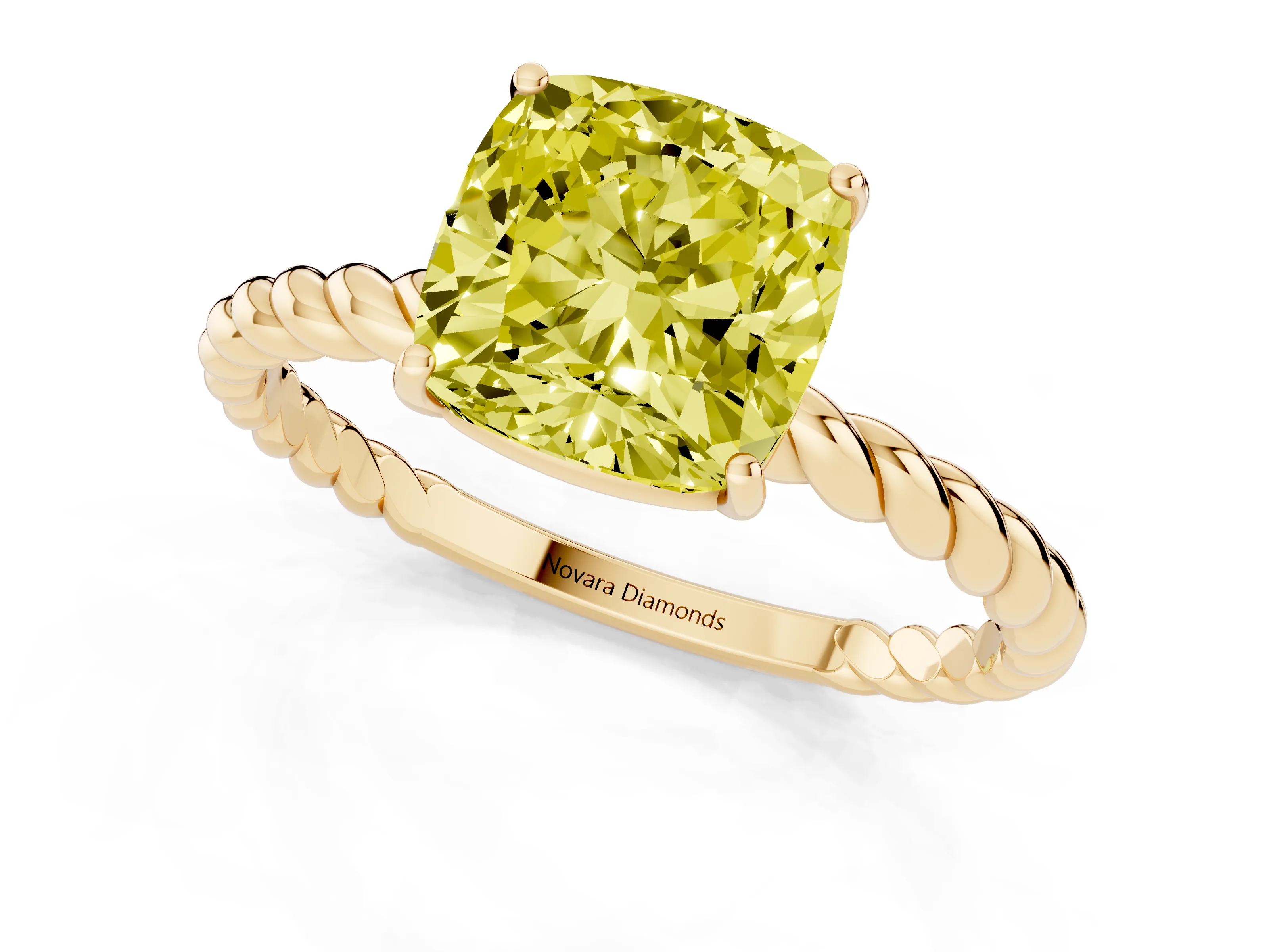 Fancy Yellow Cushion Cut Diamond Solitaire Ring Set in Yellow gold with Twist Band and Prong Setting
