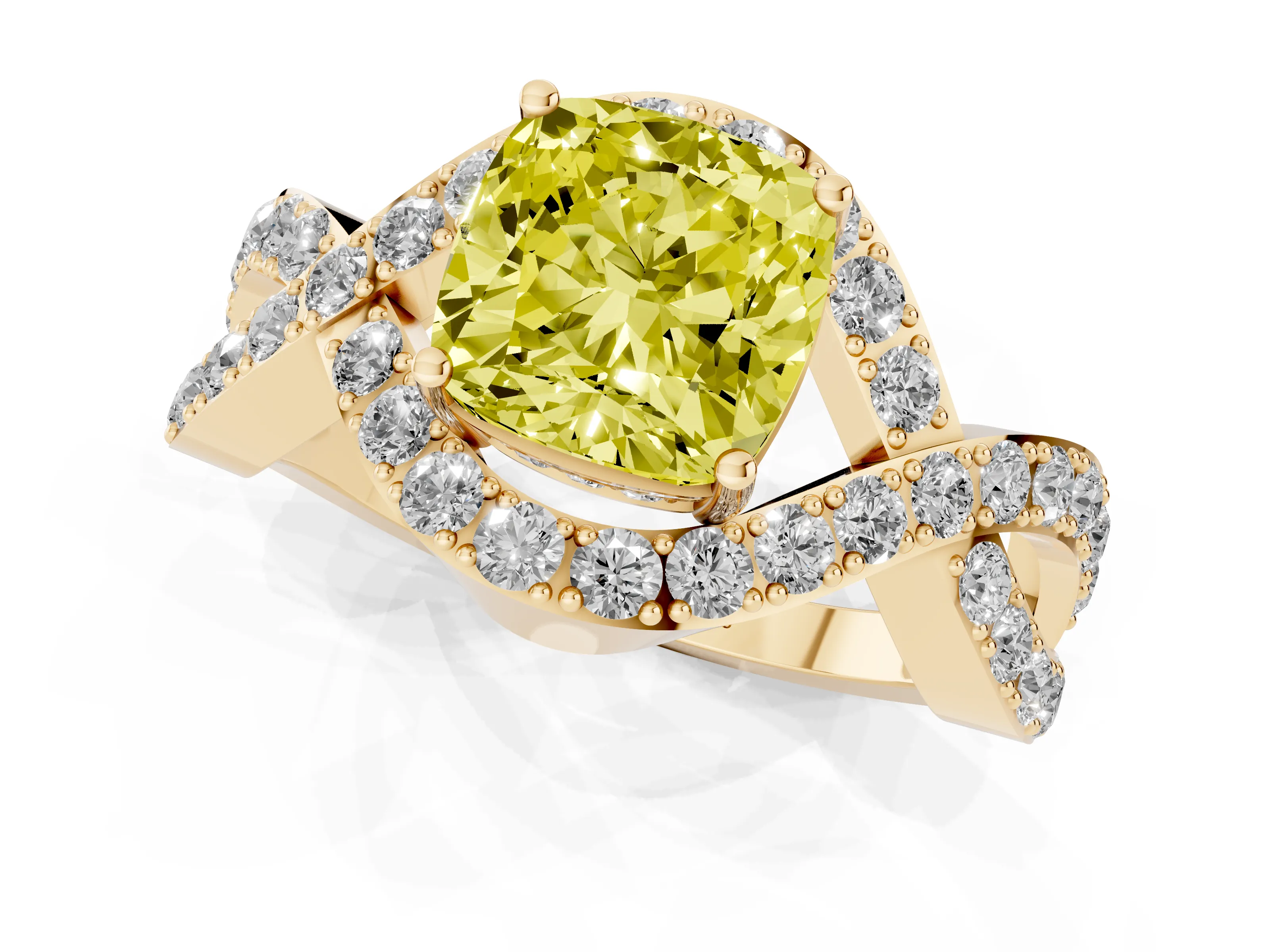 Fancy Yellow Cushion Cut Diamond Solitaire Twist Band Pavé Engagement Ring Set in Yellow gold