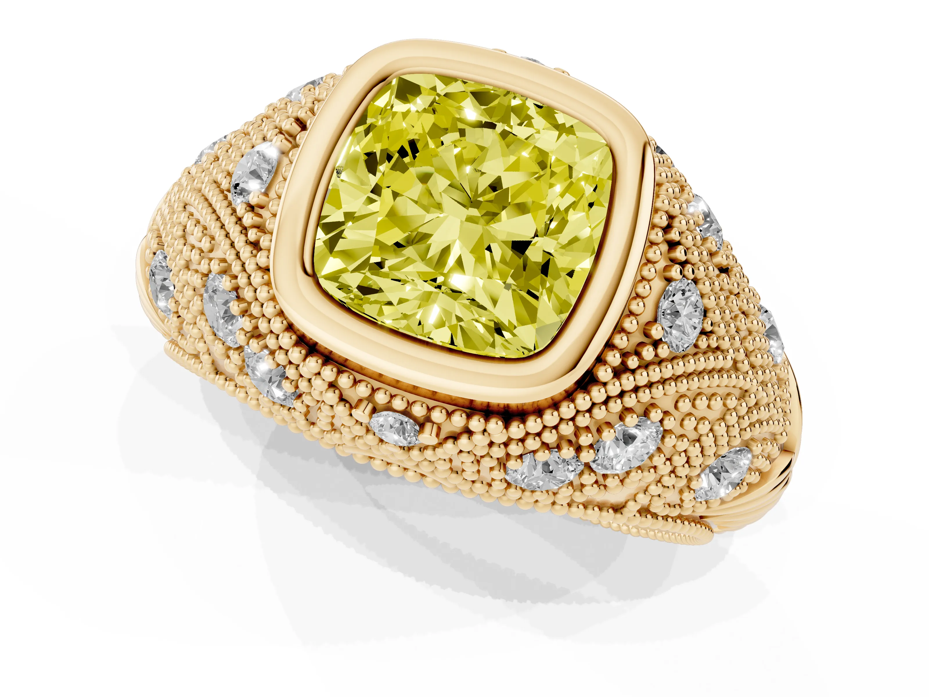 Fancy Yellow Cushion Cut Diamond Bezel Ring Set in Yellow gold with Milgrain Accent Band