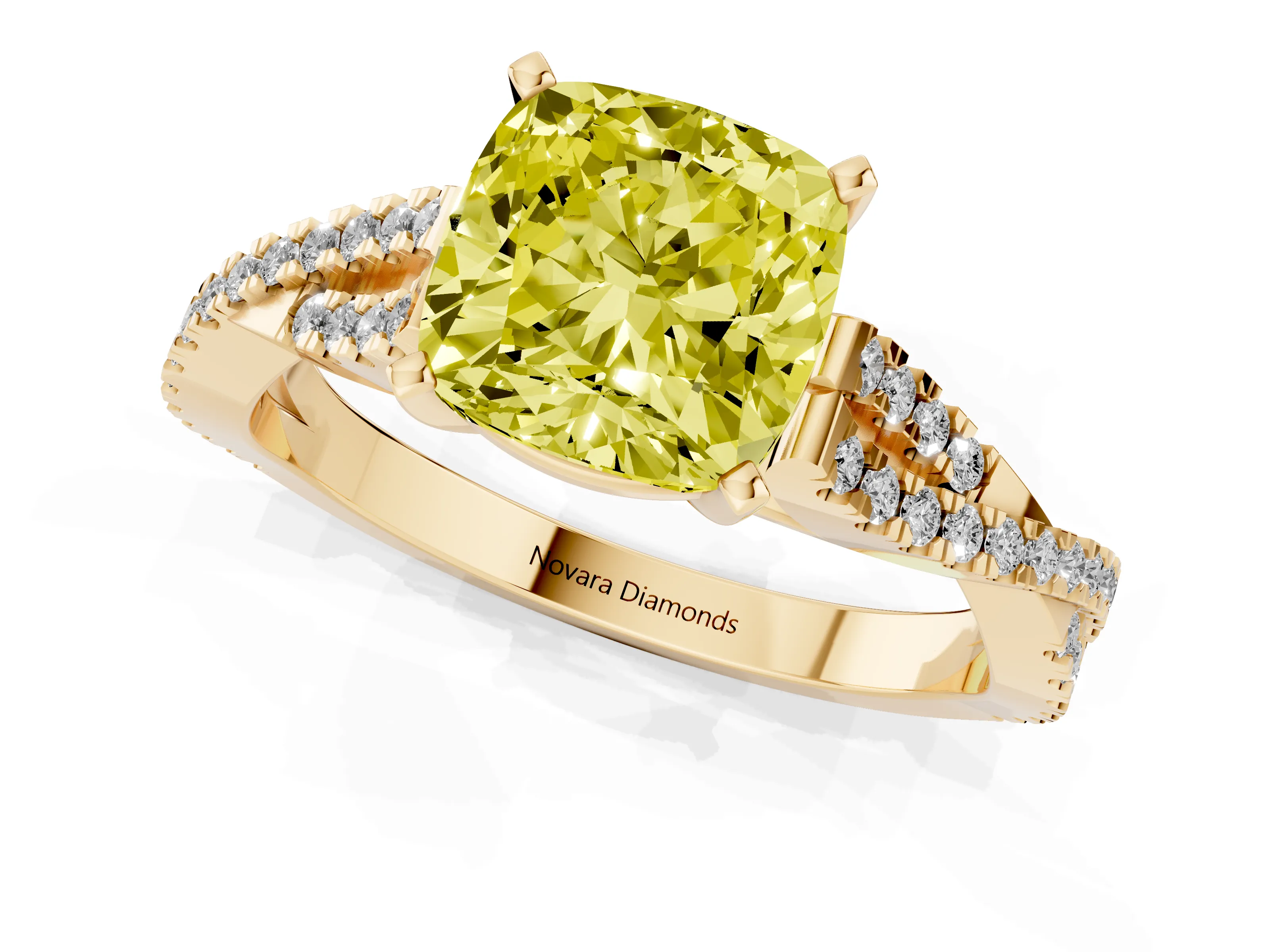 Fancy Yellow Cushion Cut Diamond Solitaire Engagement Ring Set in Yellow gold with Twisted Pavé Band and Prong Setting