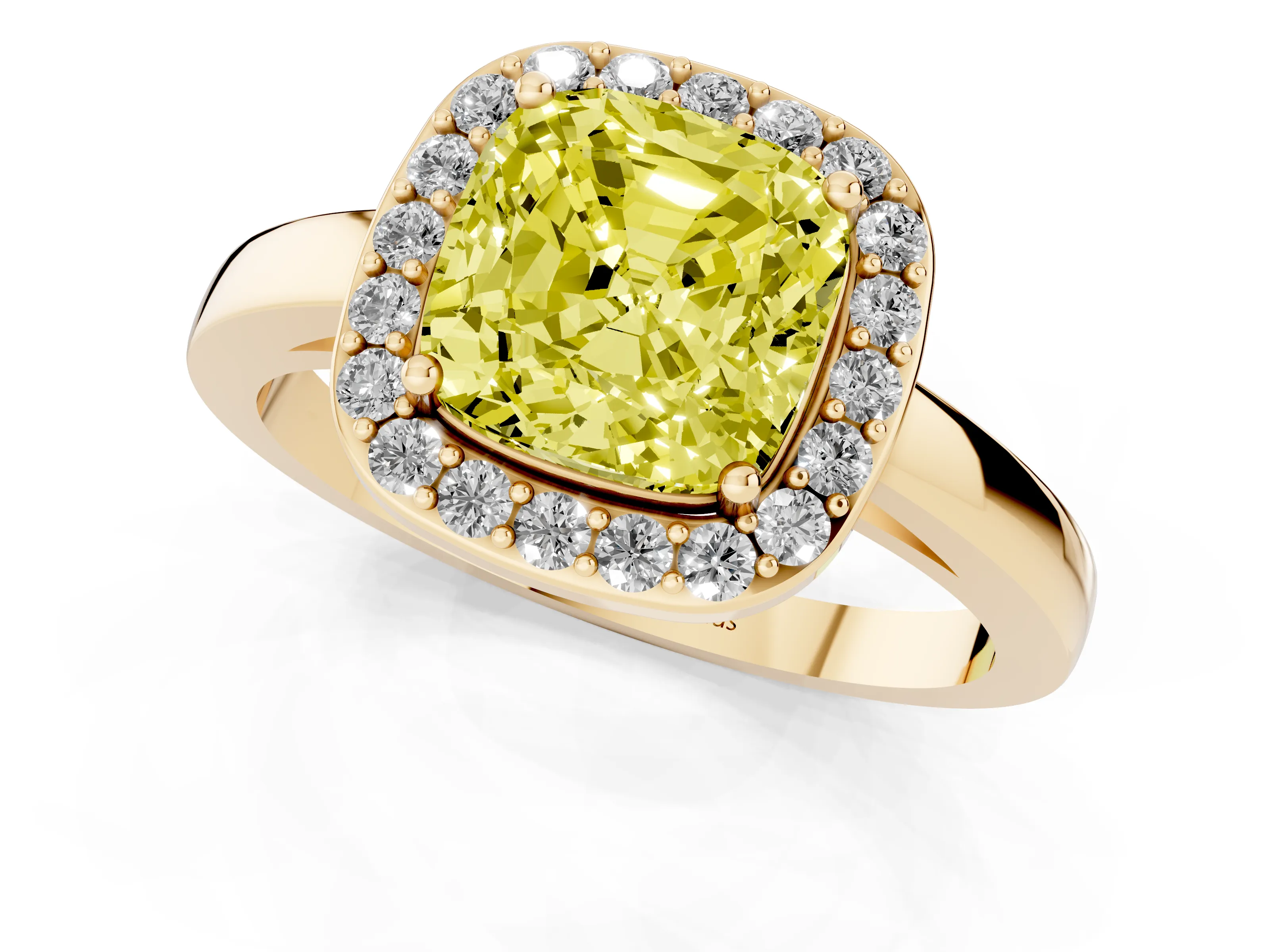 Fancy Yellow Cushion Cut Diamond Halo Ring Set in Yellow gold with Solitaire Band and Prong Setting