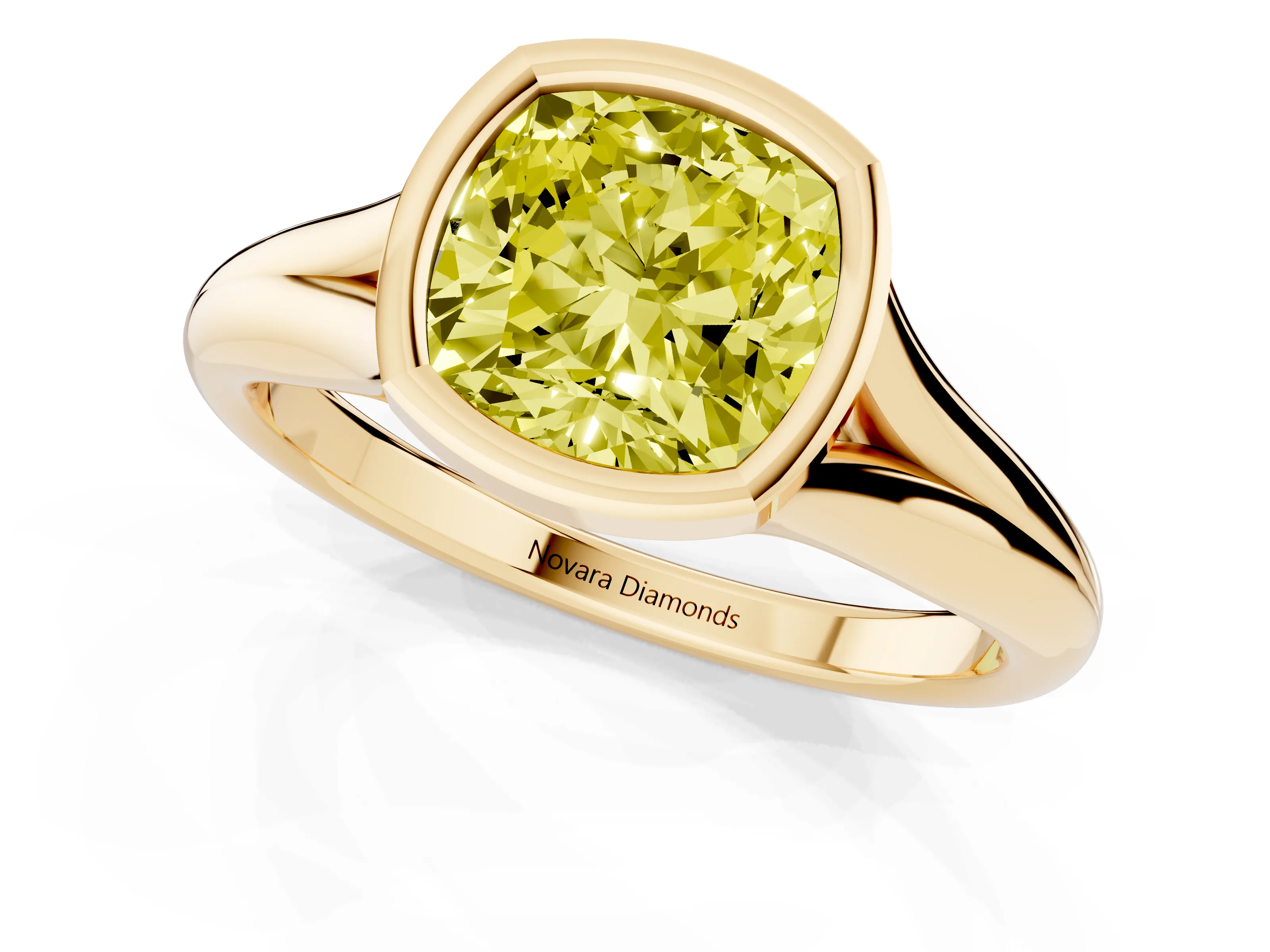Fancy Yellow Bezel Set Cushion Cut Diamond Solitaire Ring Set in Yellow gold with Smooth Band