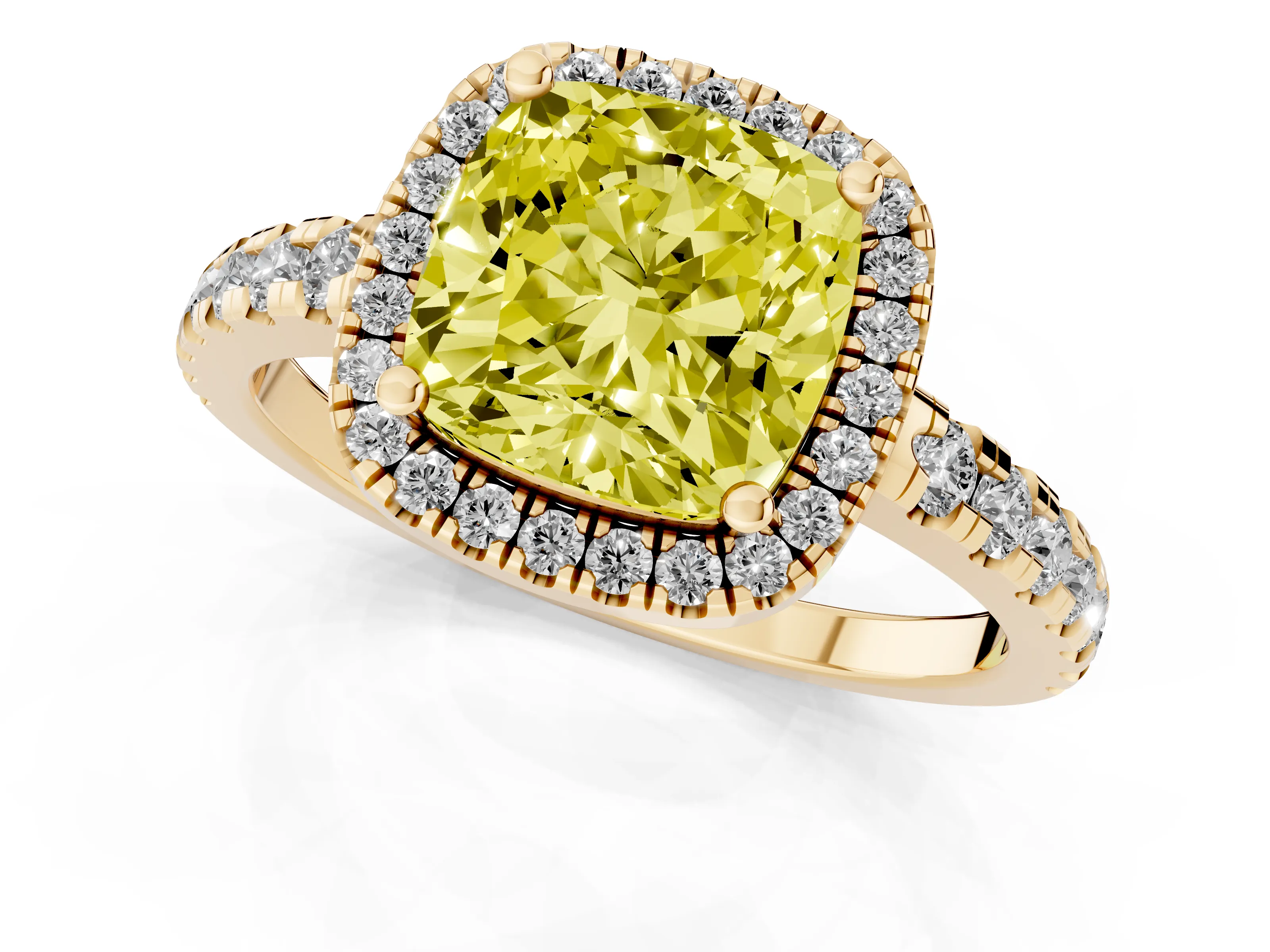 Fancy Yellow Cushion Cut Diamond Halo Ring Set in Yellow gold with Delicate Pavé Band and Prong Setting