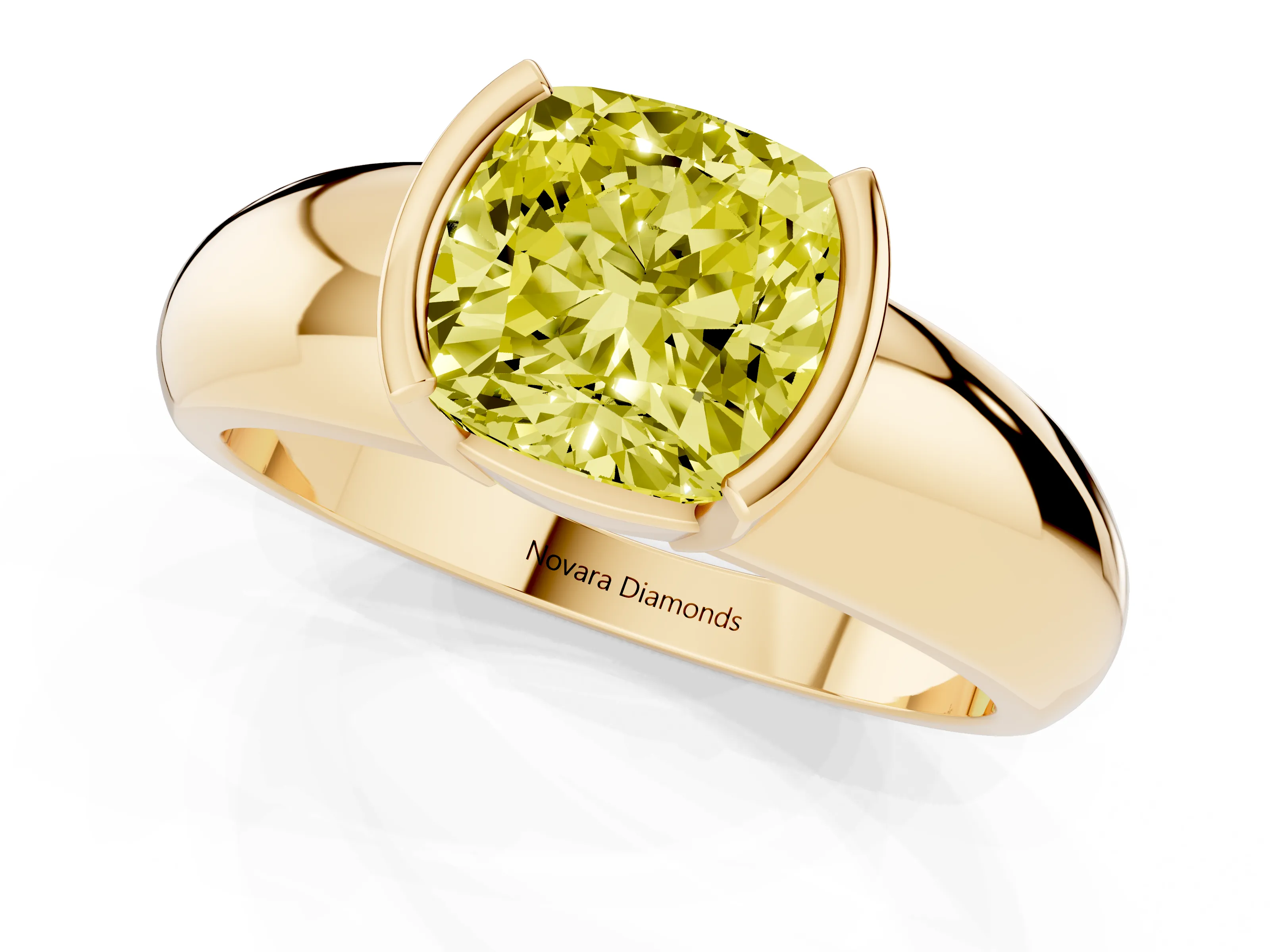 Fancy Yellow Cushion Cut Diamond Solitaire Tension Set Ring Set in Yellow gold with Wide Band